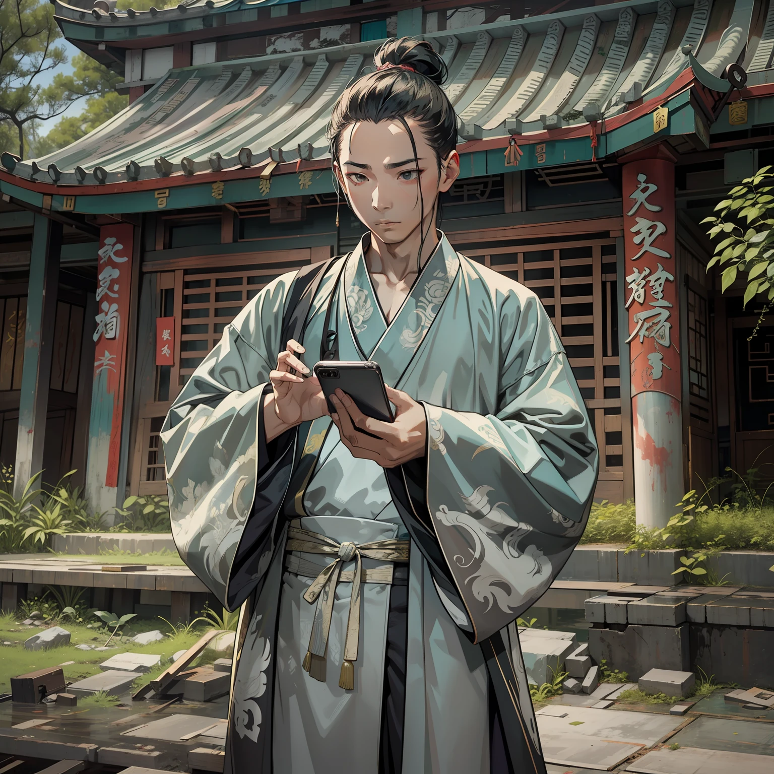 (A young man in a Taoist robe,astonishment)
(Holding a cell phone in one hand)
(A dilapidated Taoist temple)