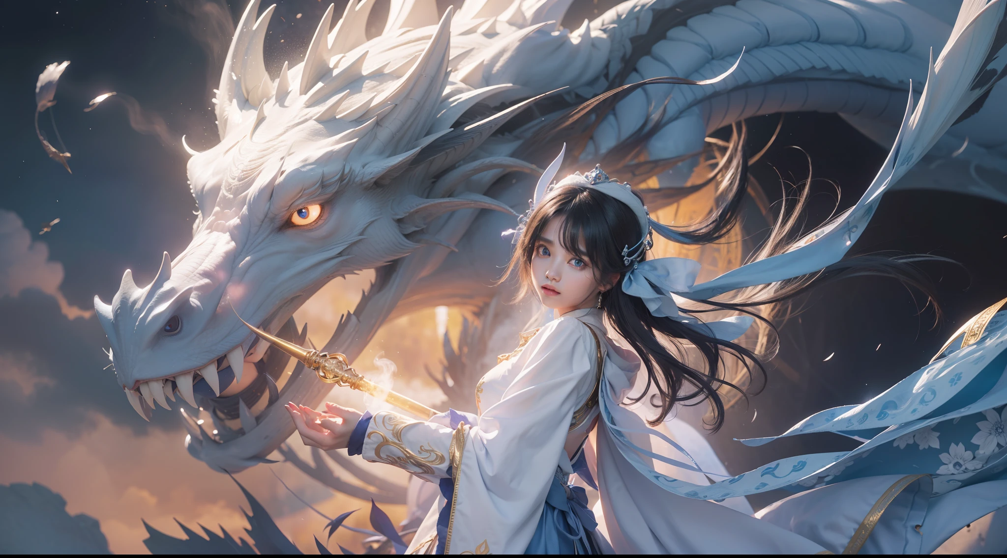 Above the rising clouds,Night, Dark, (Fantasy),infinite,deep blue sky,The abyss of knowledge,Cowledge,((masutepiece)), (((Best Quality))),((Beautiful fine eyes)),(Eye lashes)、Realistic clouds、Very beautiful face、The ultra -The high-definition、Beautiful girl flying in the sky with giant white dragon、(女の子1人)、Black hair、The long-haired、abyss eyes、glowy skin、oils、small tits、Perfect human body structure、Wizard robes、tattered cloth、Realistic coat、Teenchi、Super delicate CG Unity 32k wallpaper、photoRealstic、​masterpiece, ((ultra-detailliert)), ((illustratio)),colourfull,wall-paper,The energy,Unknown terror,Incomprehensible,Around the magic,Magical surroundings,magic wands,Boken,Flying pages,Know everything,Predict the future、Get to know the past、Infinite wisdom、blue flames、Warlock、magic circles、Pentagram、Spells、mantra、Singing magic