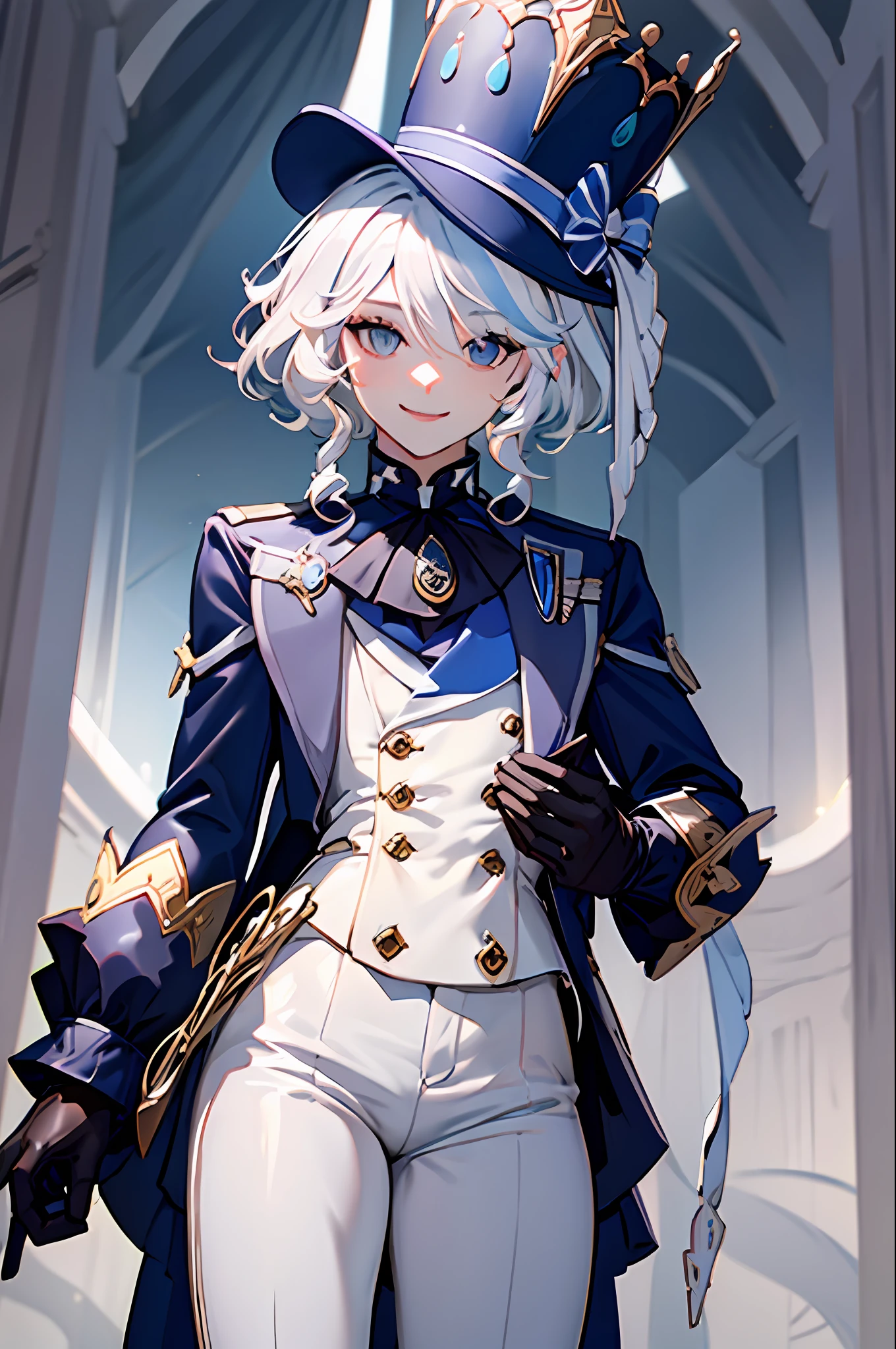 detailed face, detailed eyes, standing, white shorts, jacket, long sleeves, smile, looking at viewer, masterpiece, hat, white hair, cinematic lighting