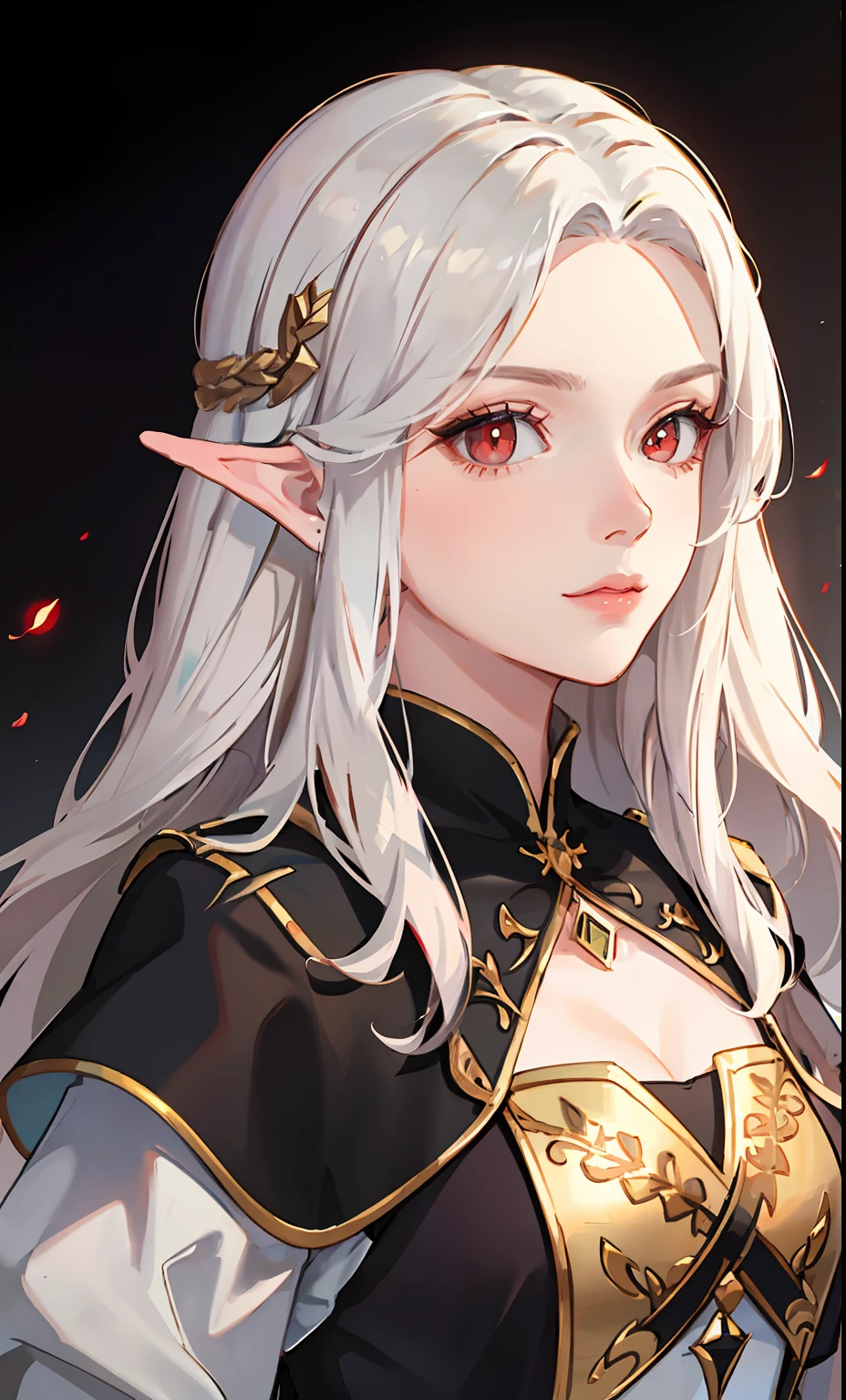 Portrait of a beautiful young woman，lotr，red color eyes，cabelos preto e longos，square shapes，Black general's uniform，empire