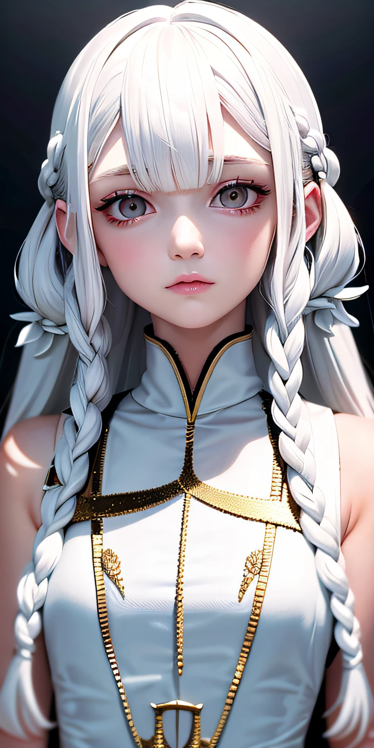 best quality, masterpiece,white hair, gold eyes,white clothes, looking up, upper body,hair strand,Fair skin,side braids
