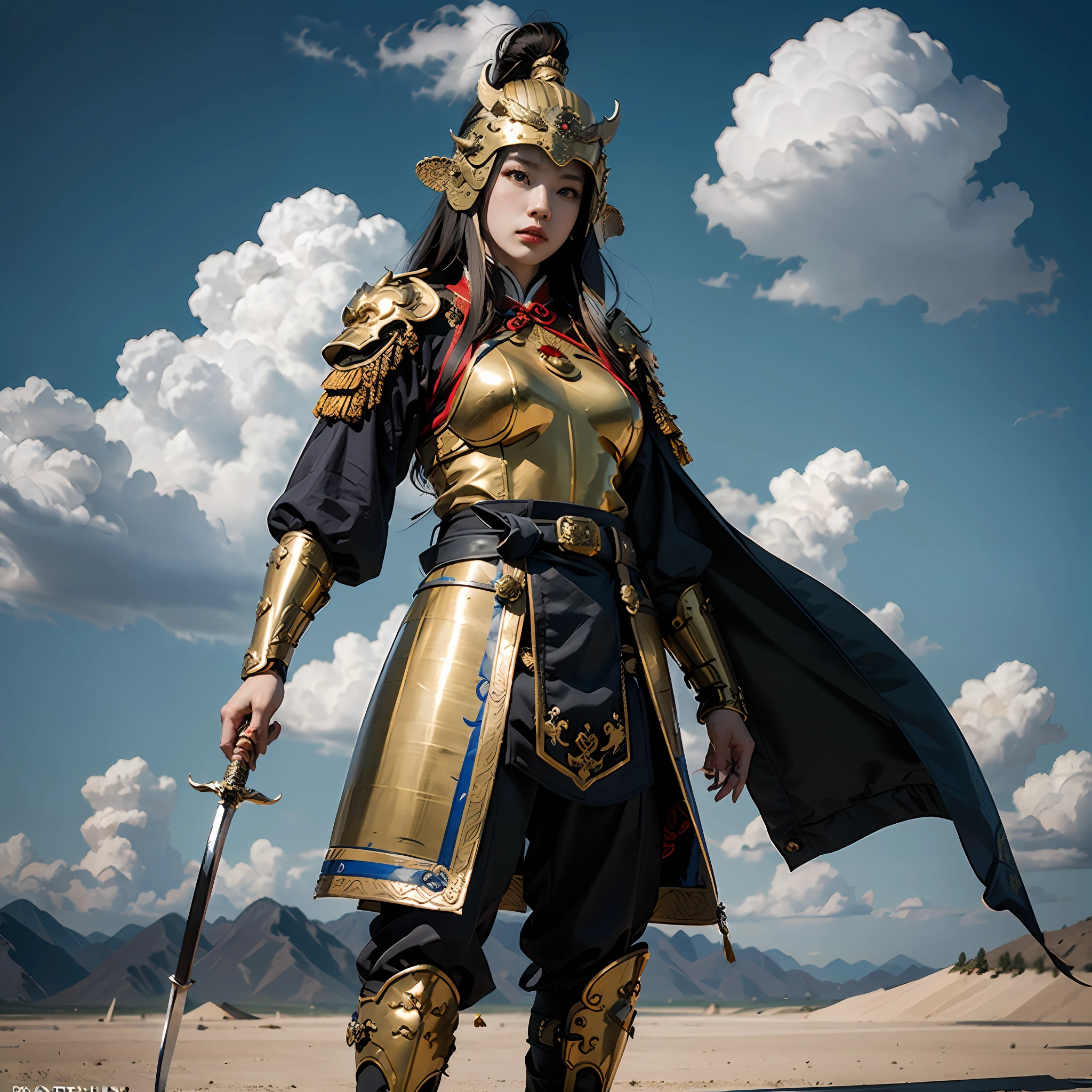 in a panoramic view,sportrait,photorealestic,Army style,China-style,Blue sky, White clouds and steppe,Beautiful Chinese female warrior,Gold glossy armor,Armed belts,Dragon helmet,Wear a Chinese sabre,Fang Tian drew a halberd,Before the ancient city of China,face to the viewer,Perfectcomposition,