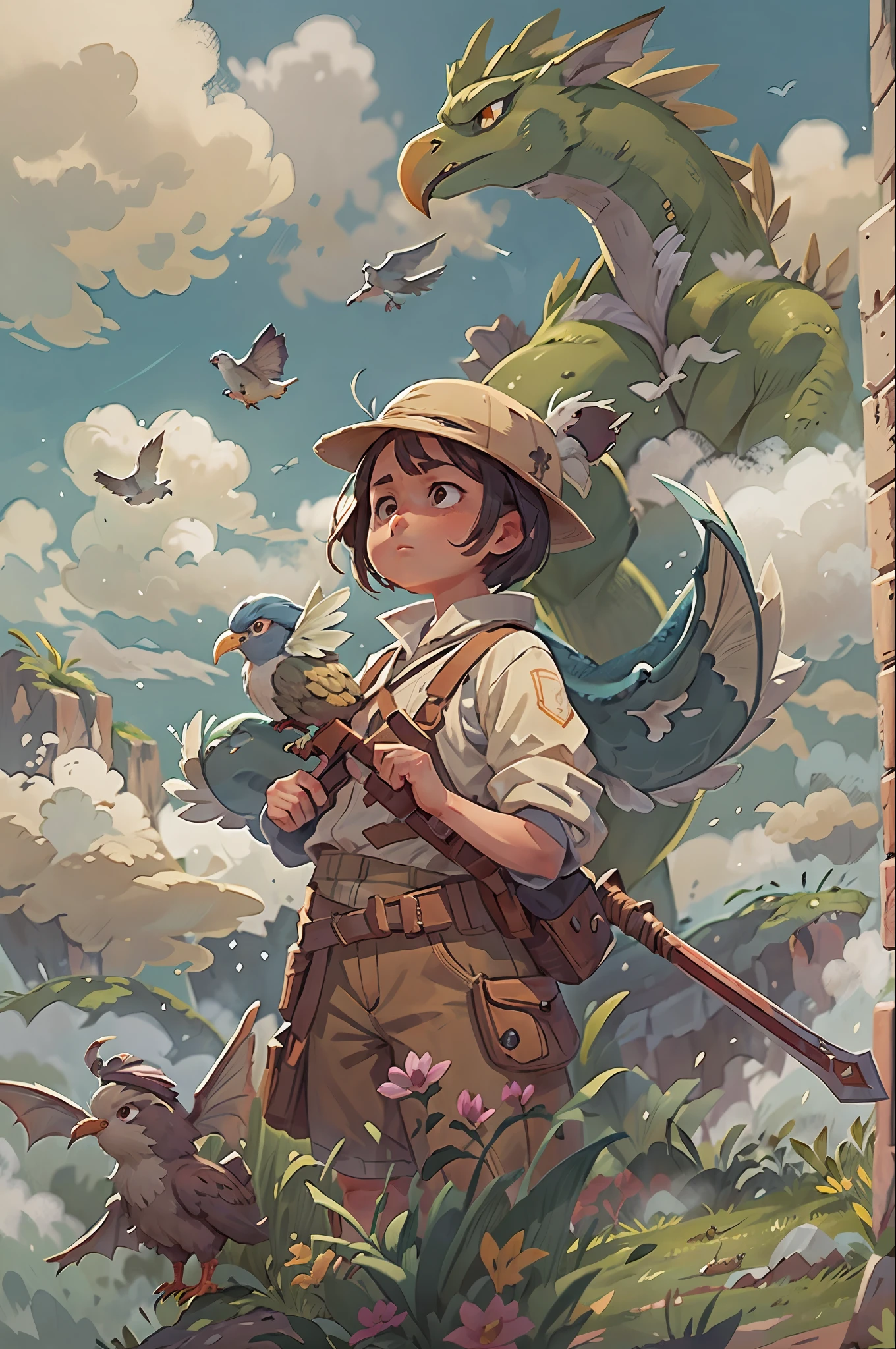 "Letterboxed shot of a girl standing outdoors, holding a bird, with clouds in the background. A boy is also present, holding a weapon, seen from behind, against a cloudy sky. There is an animal holding a weapon as well, resembling an eastern dragon. Another person wearing a hat is also visible in the scene, surrounded by fog."
