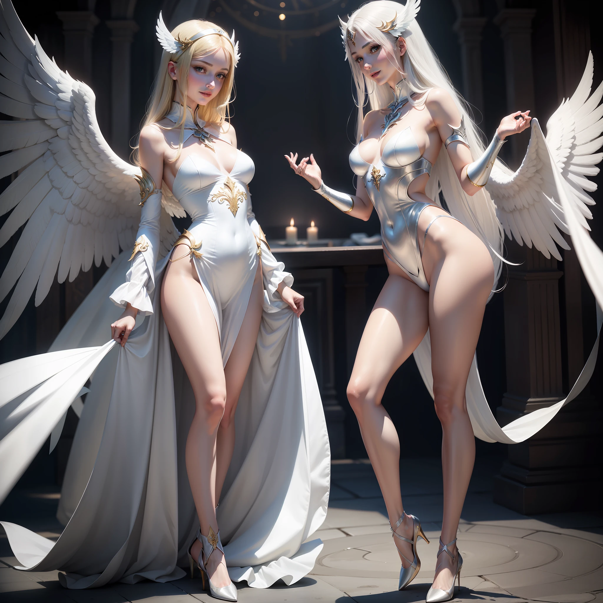 angelicales，Delicate and mature female angel，delicated face，Delicate skin，A satisfied smile，White skin of the，full bodyesbian，Long legs，battle garment，（Medium chest），beauitful face，