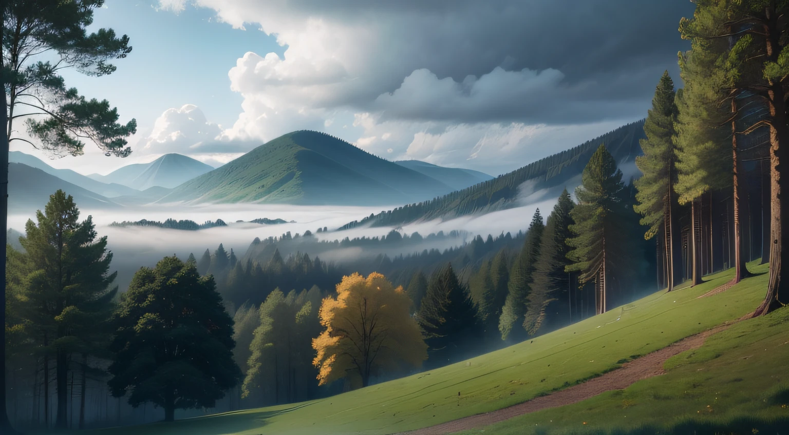 plane trees,Close-up view of the woods,In the distance are mountains,surrounded by cloud,Foggy rain,great outdoors,in a serene landscape