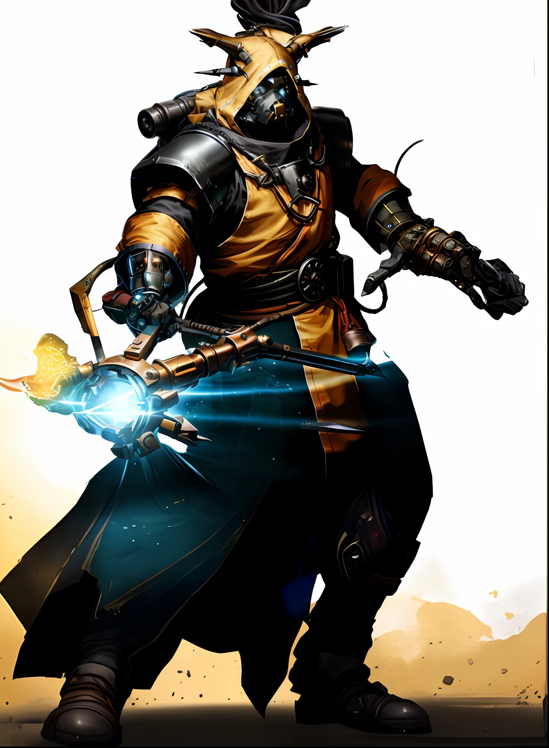 Close-up of a person with a sword and helmet, Complete portrait of the electromancer, starfinder character, Yellow human-sized War Forge, Golden Tech Robes, Steampunk Esoteric Shaman, God Cent, warframe destiny art, portrait of a male hydromancer, Bungee, from pathfinder, style of starfinder, Warframe Hound Art、Yellow shoes