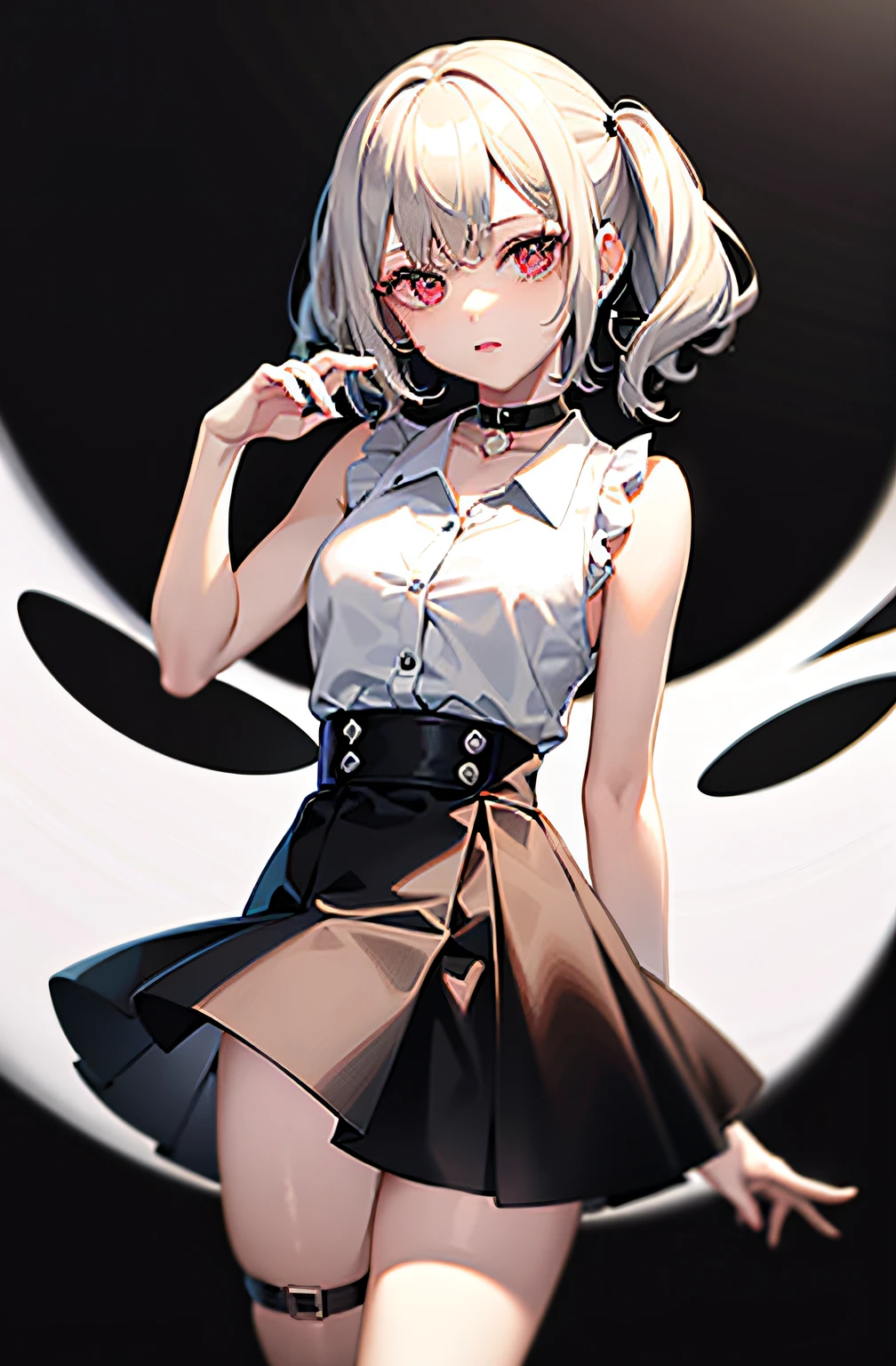 best quality, ultra high res, 1girl, sleeveless white button shirt, black skirt, black choker, cute, (Kpop idol), (aegyo sal:1), (platinum blonde hair:1), ((puffy eyes)), looking at viewer, full body, facing front