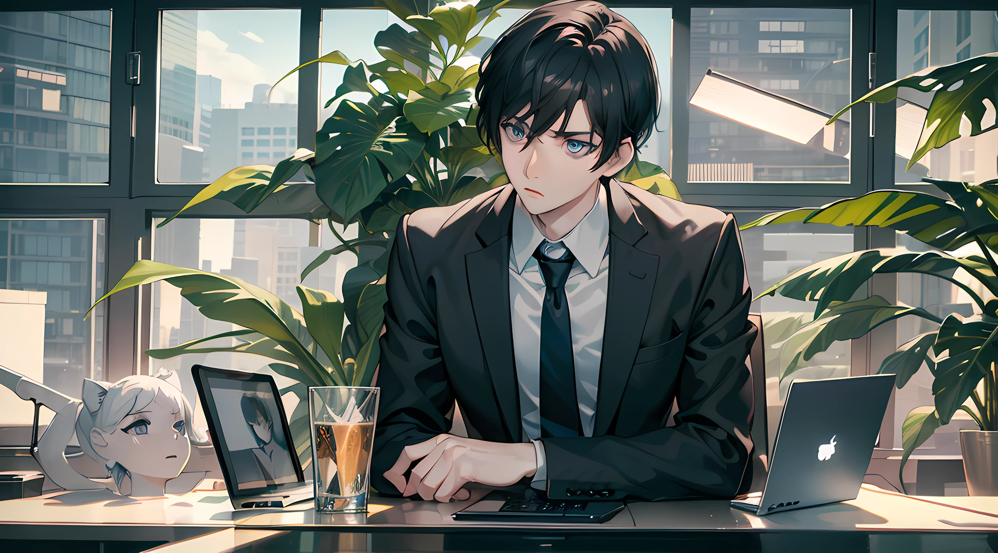 masterpiece, 1 man, young man, suit and tie outfit, black short hair, bright blue eyes, pale skin, panic face, detailed face, dynamic pose, dramatic pose, dramatic lighting, dramatic angle, dynamic angle, sitting on swivel chair, office, office worker, by the window, indoor plants, close up shot, monitors on desk