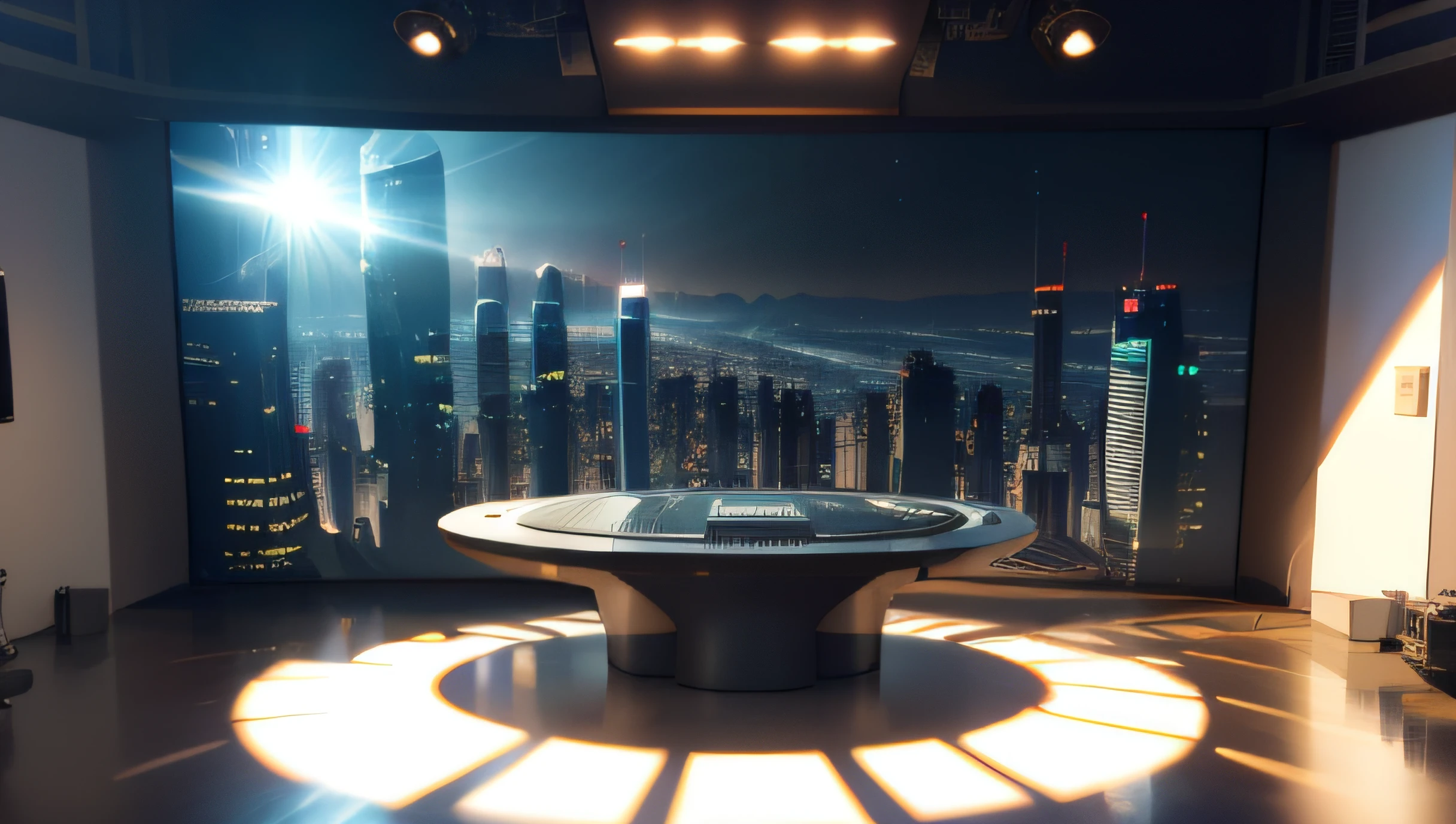 futuristic journalistic large studio with a large table in the center, sunlight on city, (((morning city in the backdrop))), (((morning city in the television))), with sunlight at the morning, of the image that hides the waist down part of the presented modern 8k best quality realistic masterpiece