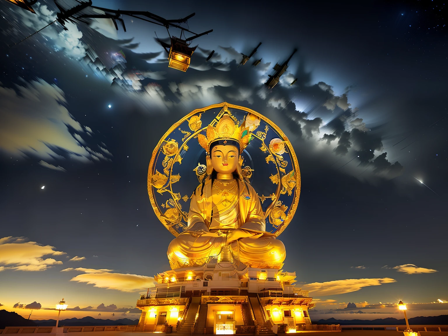 edd, Maitreya Bodhisattva,Maitreya, A huge golden Buddha statue sits in a room with blue ceiling and blue sky background with clouds, above_Clouds, Airship, aurora, bridge, Building, Castle, chimneys, Temple, City_lamp lights, Cityscape, clock, clock_Tower, Cloud, Cloudy_sky, constellation, Crescent_Moon, Desert, earth_\(planetes\), Fireworks, Floating_Island, fountain, milky ways, Glowing, house, Island, lamp post, lantern, Light_Particle, Milky_way, Moon, Mountain, Night, Night_sky, No_Humanity, planetes, scenery, Shooting_Star, sky, skylines, skyscraper, Snow, nevando, space, Star_\(sky\), Star_\(symbol\), Starry_sky, Starry_sky_print, Telescope, Tower, Town, Twilight, ships