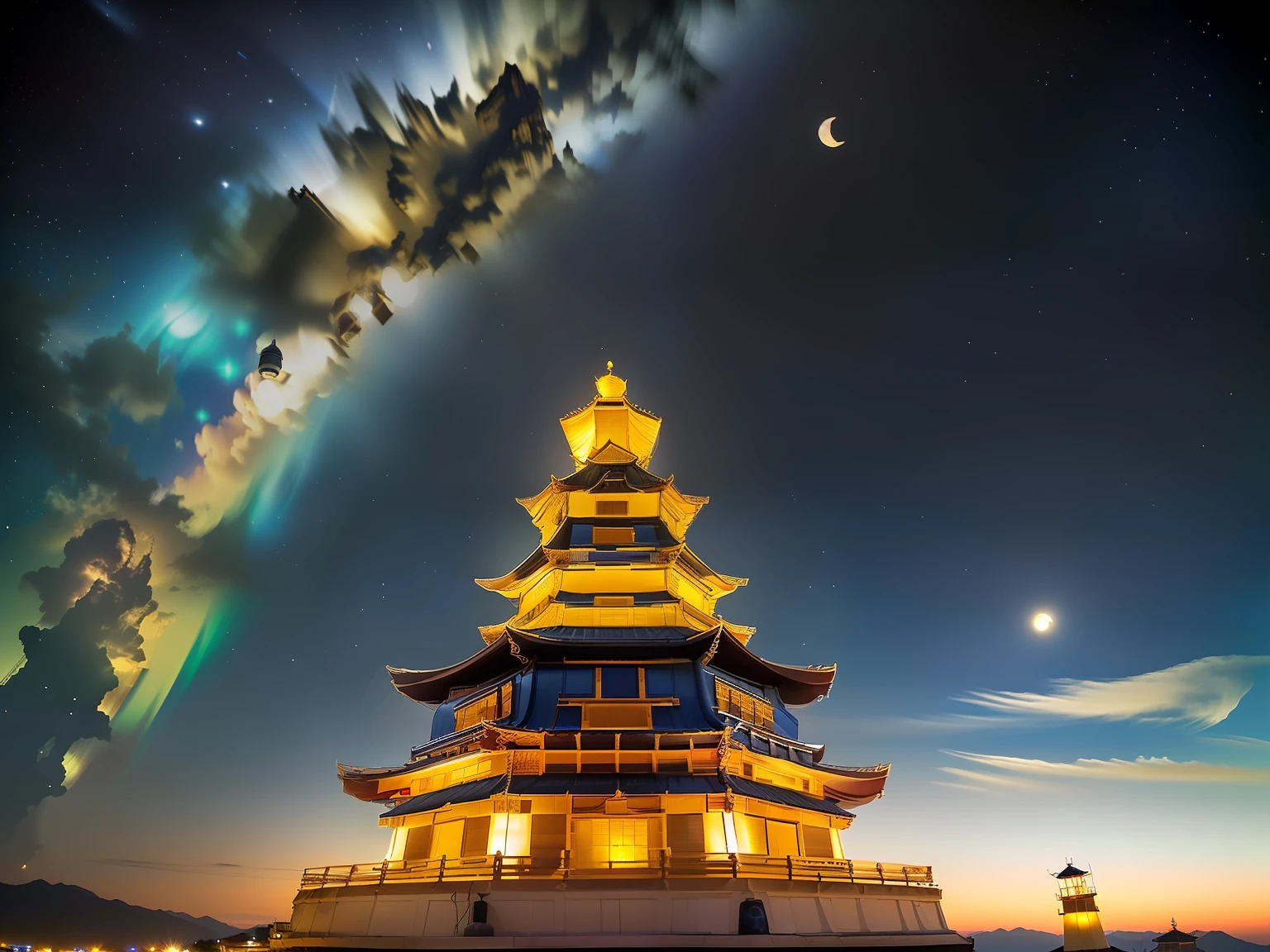 edd, Maitreya Bodhisattva,Maitreya, A huge golden Buddha statue sits in a room with blue ceiling and blue sky background with clouds, above_Clouds, Airship, aurora, bridge, Building, Castle, chimneys, Temple, City_lamp lights, Cityscape, clock, clock_Tower, Cloud, Cloudy_sky, constellation, Crescent_Moon, Desert, earth_\(planetes\), Fireworks, Floating_Island, fountain, milky ways, Glowing, house, Island, lamp post, lantern, Light_Particle, Milky_way, Moon, Mountain, Night, Night_sky, No_Humanity, planetes, scenery, Shooting_Star, sky, skylines, skyscraper, Snow, nevando, space, Star_\(sky\), Star_\(symbol\), Starry_sky, Starry_sky_print, Telescope, Tower, Town, Twilight, ships