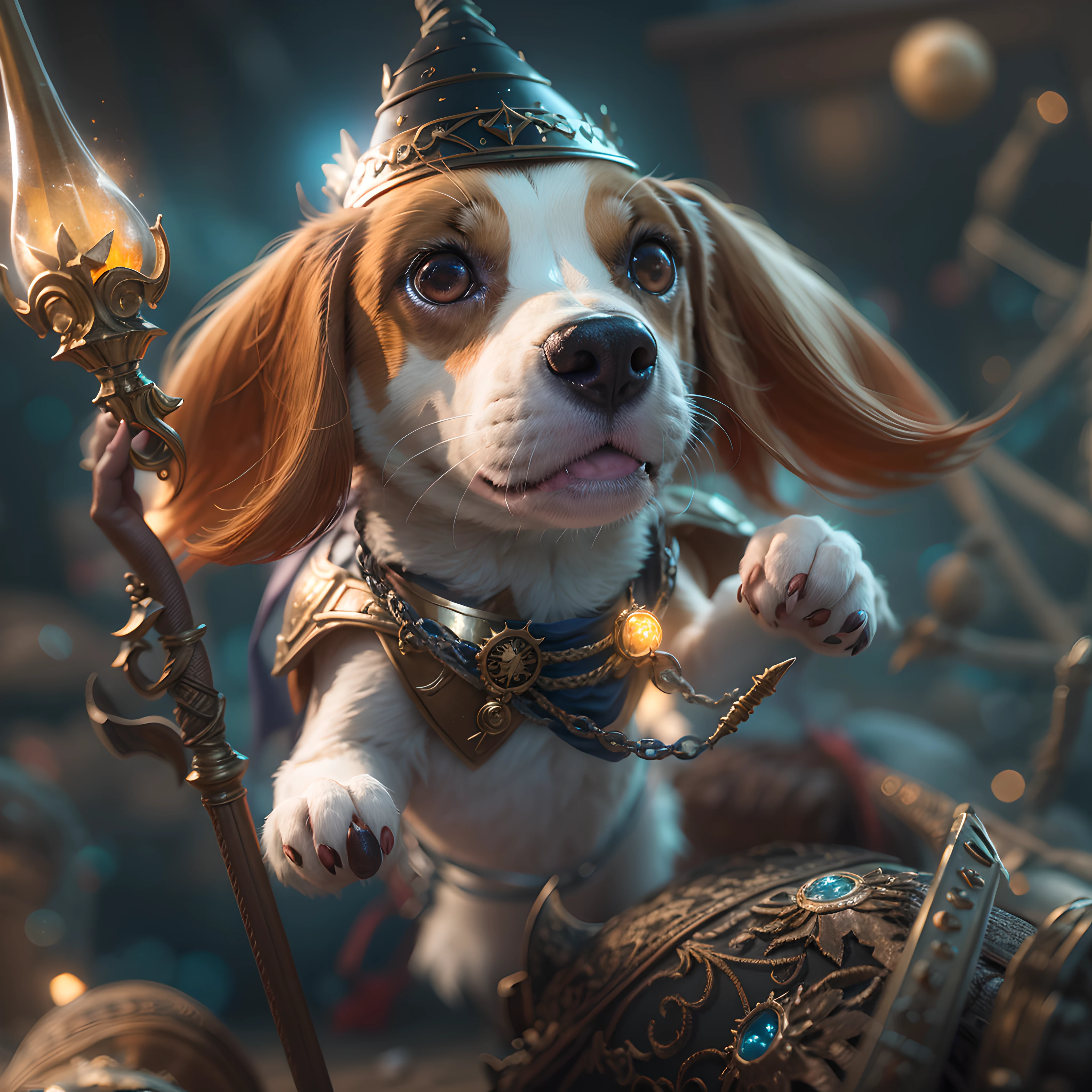 Wizard Beagle, Little fairies around, Beagle personification, Wizardry World Background, Poisonous wand, Brilliant expression, 3d rendered, hoog detail, Crisp background, (ultra-definition), HDR, unreal-engine, Octane rendering, Sharpen every detail, The ultra-Highres