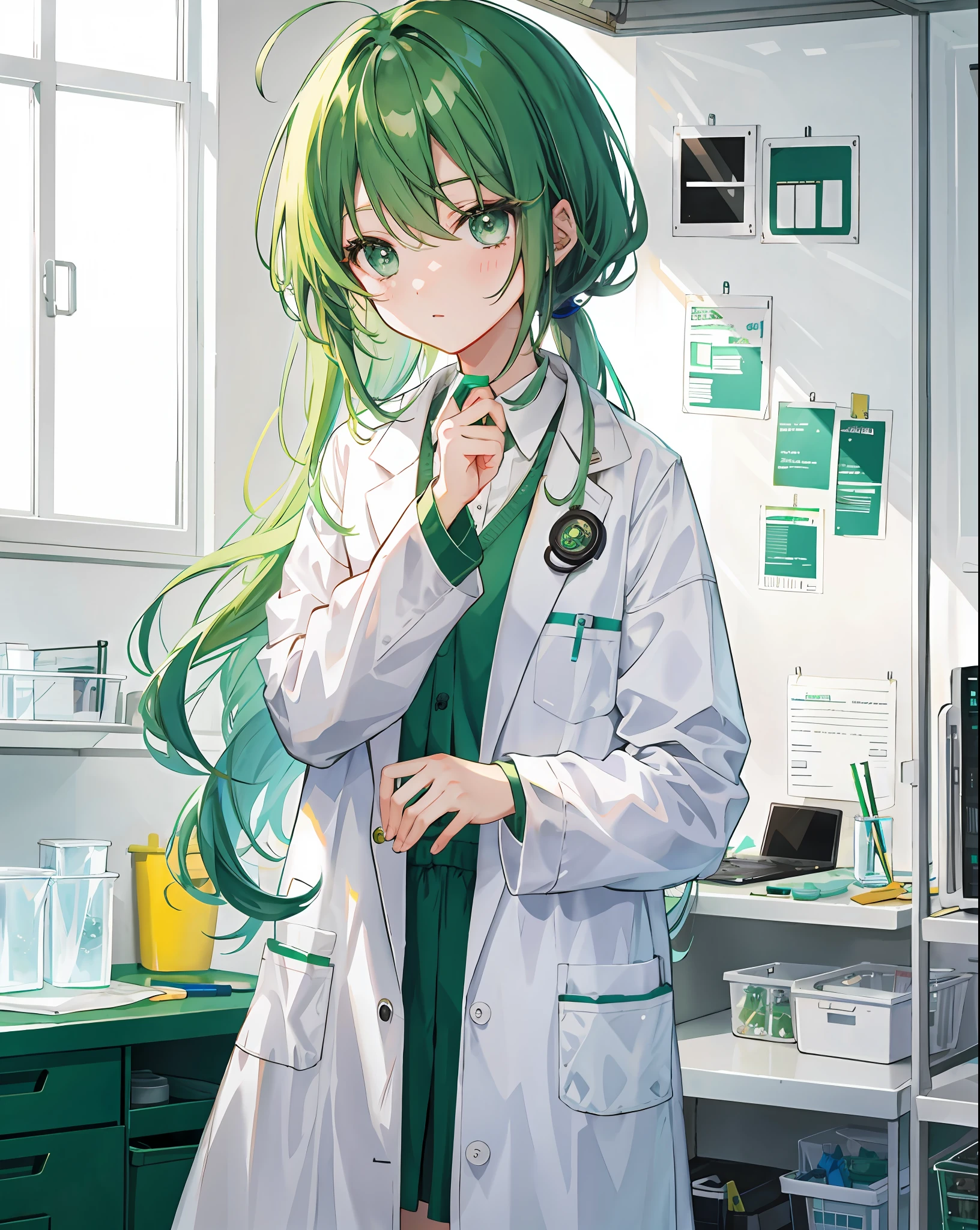 Green eyes,Green hair,Lab coats,Lab Room,1little girl,exhaustion