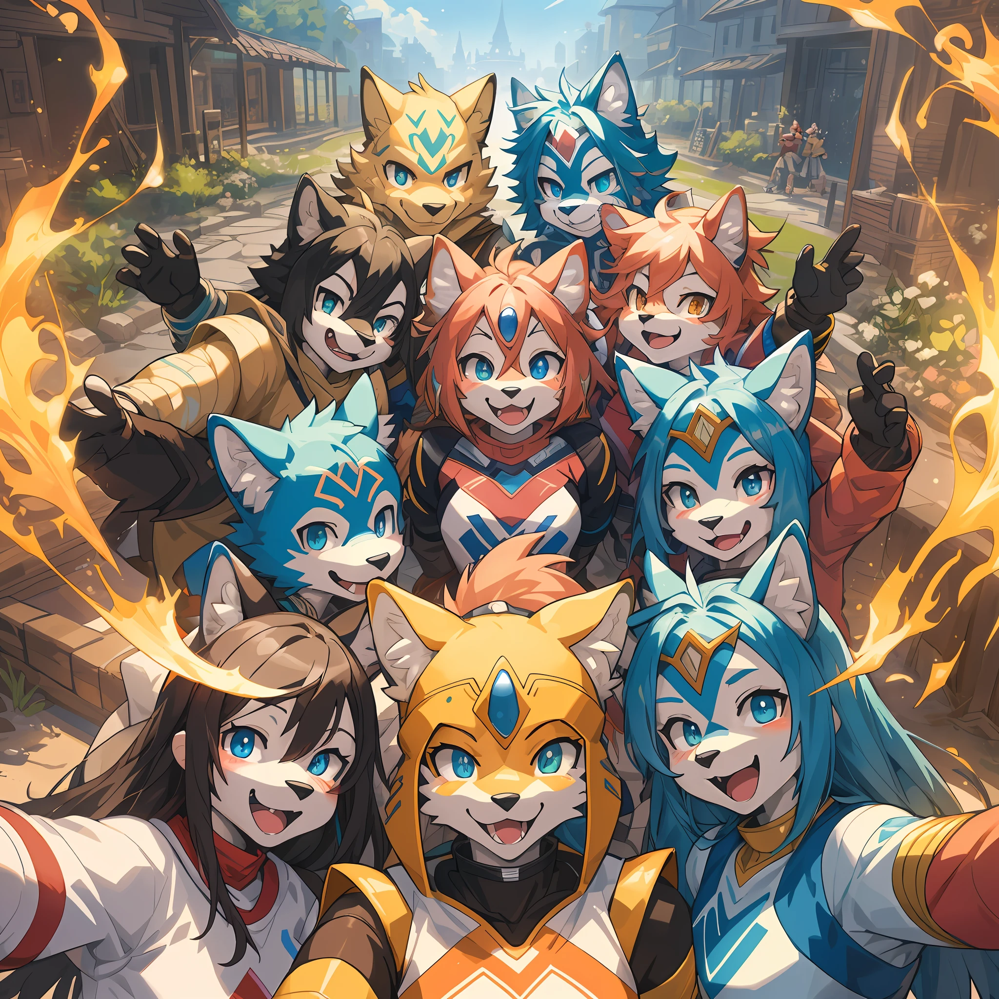 top quality, best quality, High-quality illustrations, masterpiece, super high resolution, detailed background, detailed background, Power Rangers, group shot:0.5, 6+boys, 6+girls, Happy, joyful, absurdres(highly detailed beautiful face and eyes)perfect anatomy(Photos taken with friends)(kemono, furry anthro)selfie:0.2,