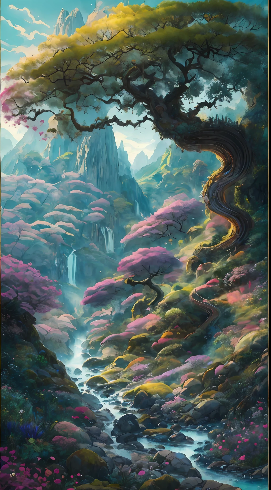 It was indeed a fine mountain, A thousand peaks brandishing halberds,Screens ten thousand measures tall.In the sunlight the mountain haze is lightly touched with blue,After the rain the black rocks look coldly green.Withered creepers coil round ancient trees,And the old ford marks the bounds of the mysterious.Strange flowers and precious plants,Flourishing in all four seasons, rivaling fairyland.The nearby cry of a hidden bird,The clear running of a spring.Valley upon valley of musoom and orchid,Lichen grows all over the cliffs.The range rises and dips in dragon-like majesty.best quality, ultra-detailed, best shadow,8k,official art