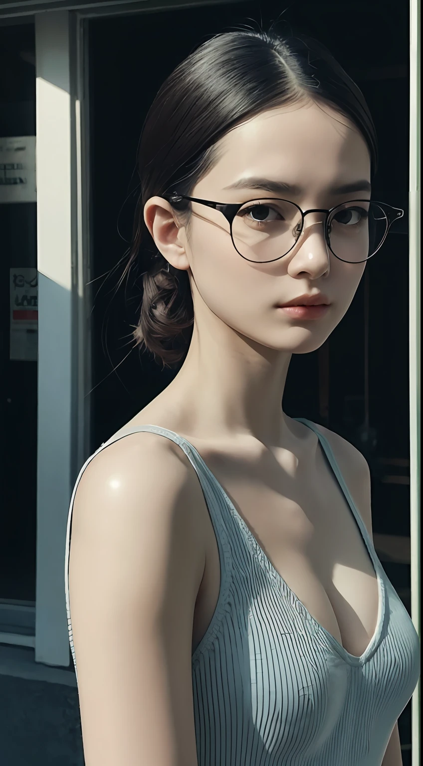 (RAW photo, best quality), (realistic, photo-realistic:1.3), extremely delicate and beautiful, Amazing, finely detail, masterpiece, ultra-detailed, highres, (best shadow),
sharp focus, volumetric fog, 8k UHD, DSLR, high quality, Fujifilm XT3,
a woman wearing glasses and a blue top posing for a picture in the street with her hand on her head, glasses, a picture, aestheticism