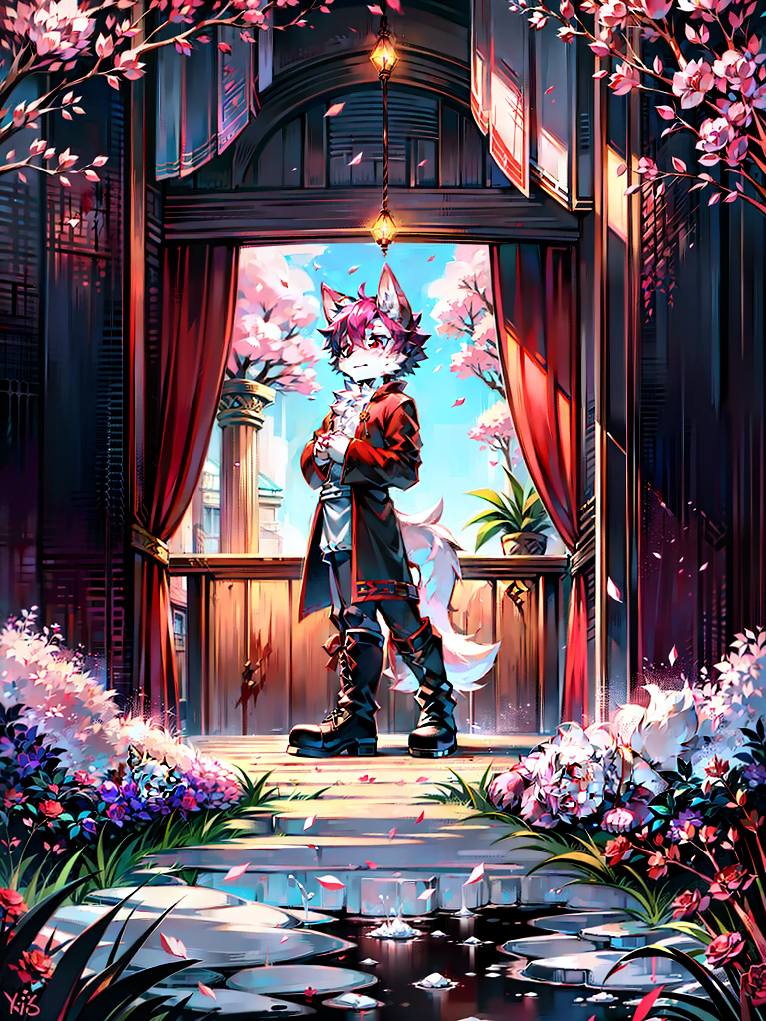 White fur，The upper part of the ears is pink，The inside of the ears is white，The neck is all pink，The hands are pink，The feet are pink，The tail is all pink，Pink eyes white，Red eyeballs，Black pupils，Male，High cold，Sick，black toga，black long boots，Ghastly，blood vess，Blood，Single，Fluffy tail，coyote，Pink roses，A pink rosette is worn on his head，Creekside，rios，Small rivers，outside，Pink Forest，grape trees，hitman，16 yaers old，Shota，Handsome，mizore
