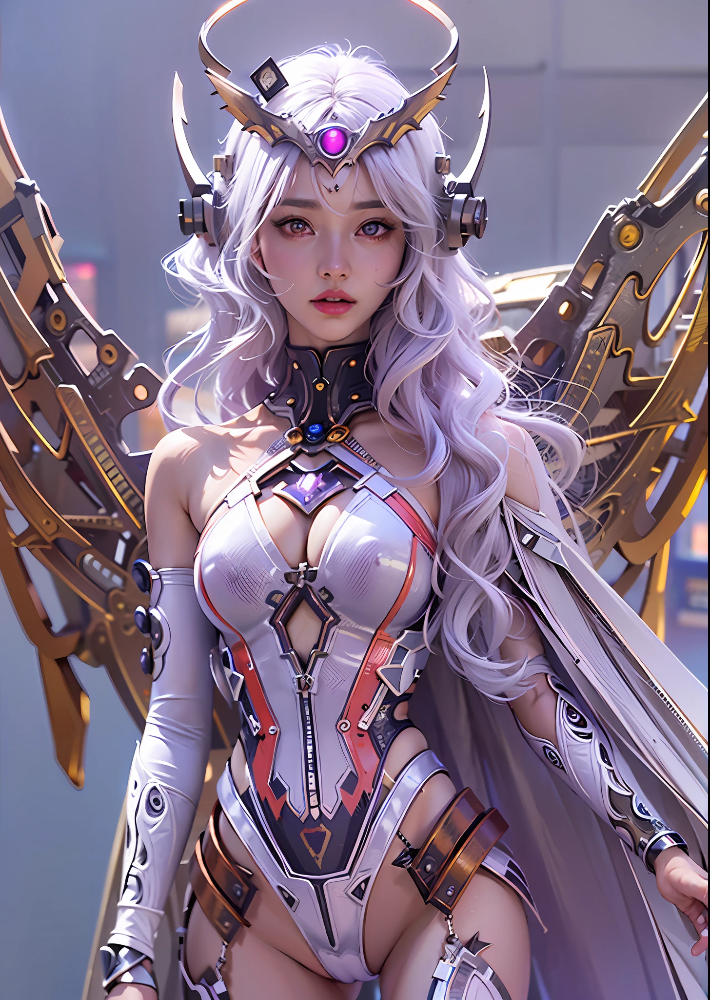 top-quality、​masterpiece、超A high resolution、(Photorealsitic:1.4)、Raw photo、Battle Cyborg Angel、large wings made of metal、White porcelain body、Acrylic Clear Cover、white  hair、glowy skin、1 Cyborg Girl、((super realistic details))、portlate、globalillumination、Shadow、octan render、8K、ultrasharp、character edge light,Colossal tits、Raw skin is exposed in cleavage、Details of complex ornaments、Greek Detail、Hydraulic cylinder、Small LED lamp、highly intricate detail、Realistic light、a purple eye、radiant eyes、Facing the camera、neon details、cowboy  shot、Futuristic headgear、About Cyberpunk、、
