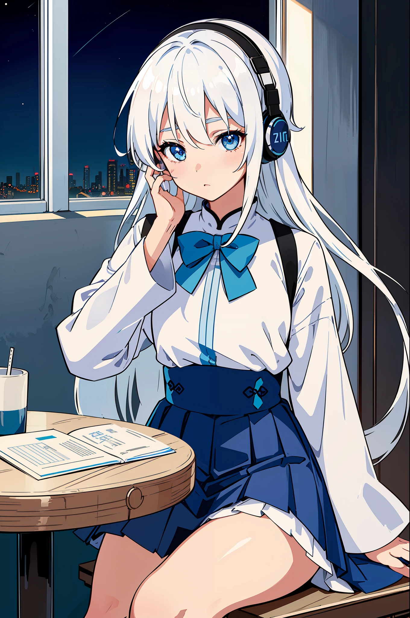 ​masterpiece、hightquality、top-quality、Beautiful fece、hard disk、Perfect litthing、A detailed face、Detailed body、Female 1 Person、独奏、(White hair)、Light blue eyes、((校服)）、(sitting on)The table)、Urban night, headphones、Focus on the face