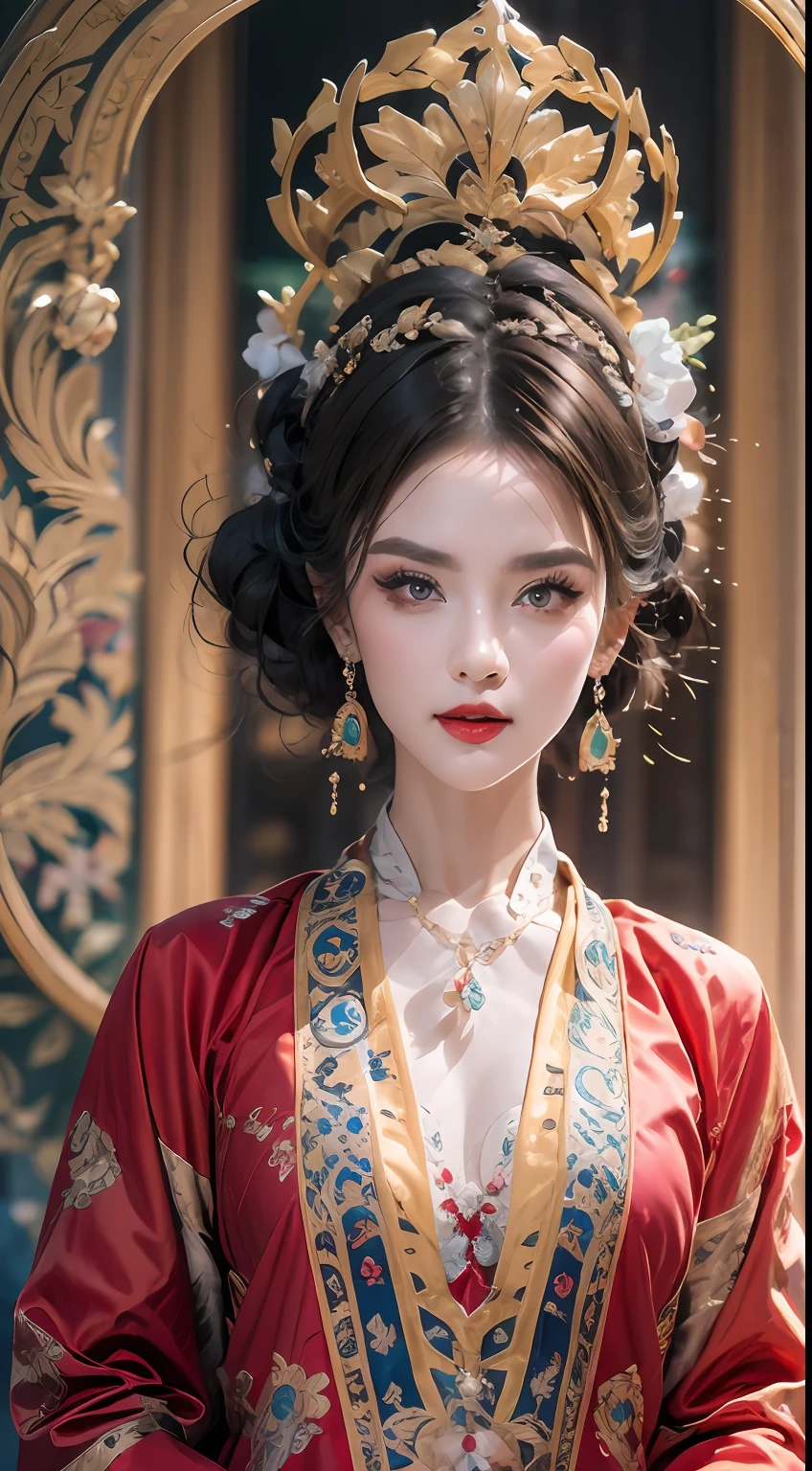 portrait of a beautiful 20 year old holy woman, wearing a thin multicolored silk dress, beautiful face without blemishes, ((natural smile:0.3)), Mouth closed, ((7-color hair length:1.2)), big crown, hair brooch, hanfu dress, chinese ancient style, full body jewelry, forehead tattoo, super even chest, face, red lips, delicate pink and white eyes (white and detailed) cinematic, light and dark, dramatic lighting, magical light, extremely detailed light, true color, super sharp, realistic, 8k quality, fantasy universe background, saints and magical space, the most detailed images, Exhibition photo, awarded, Eye-catching bright tone effect,