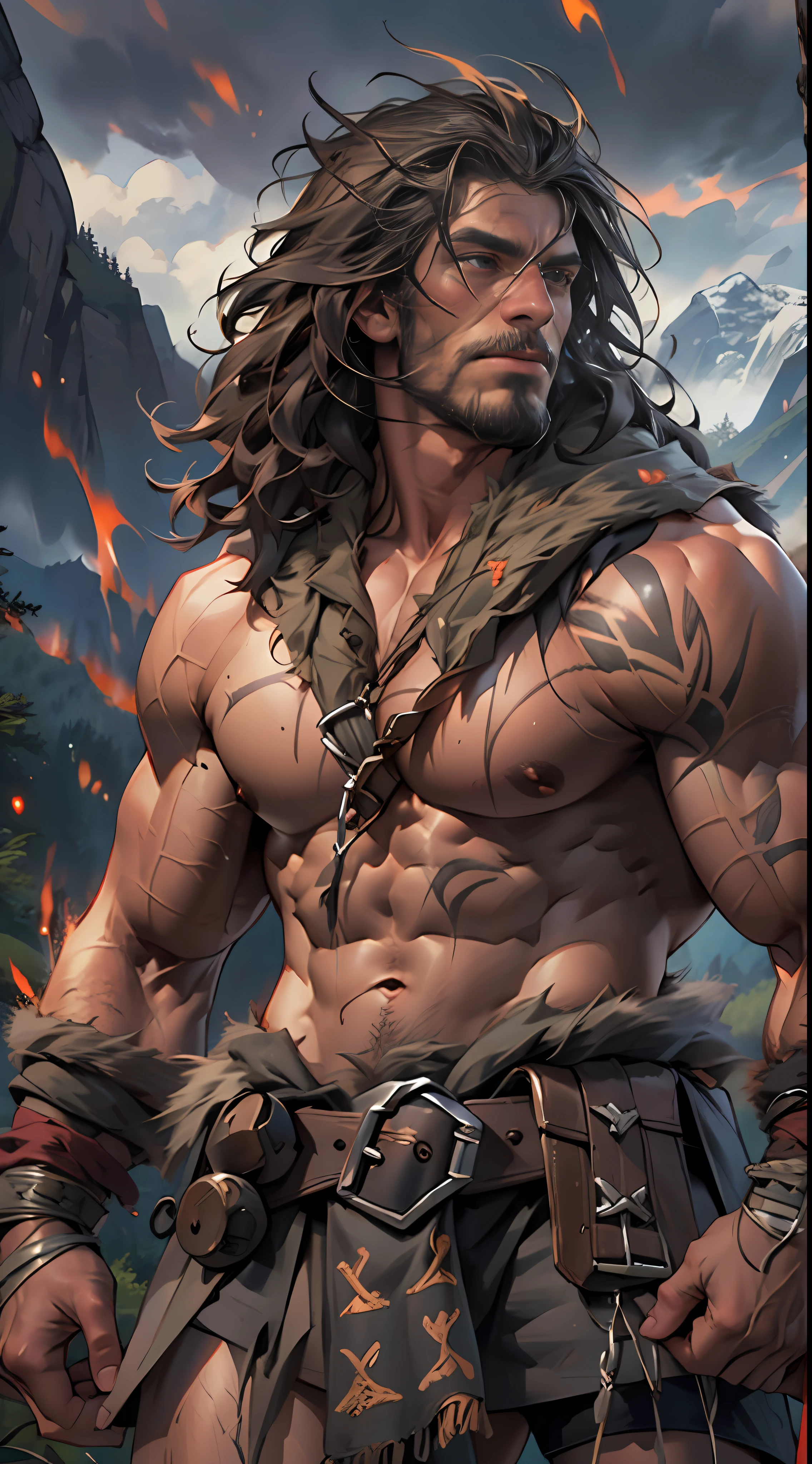 Muscular barbarian, upper body unclothed, legs uncovered from thighs to feet, flowing long curls, detailed muscular physique, lifelike representation, 4K resolution. Background: Wild untamed wilderness with rugged mountains,32k uhd, best quality, masterpiece, super detail, high details