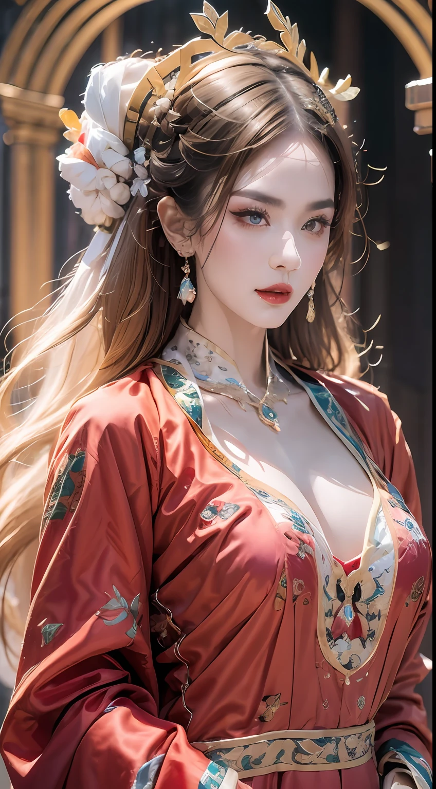portrait of a beautiful 20 year old holy woman, wearing a thin multicolored silk dress, beautiful face without blemishes, ((natural smile:0.3)), Mouth closed, ((7-color hair length:1.2)), big crown, hair brooch, hanfu dress, chinese ancient style, full body jewelry, forehead tattoo, super even chest, face, red lips, delicate pink and white eyes (white and detailed) cinematic, light and dark, dramatic lighting, magical light, extremely detailed light, true color, super sharp, realistic, 8k quality, fantasy universe background, saints and magical space, the most detailed images, Exhibition photo, awarded, Eye-catching bright tone effect,