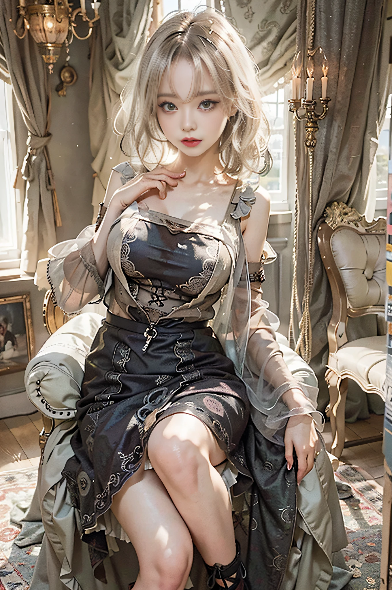 Top image quality、Raw photography、超A high resolution、Cute girl at 18 years old、Shooting for one person only、big round chest、cleavage of the breast、Patterned tank top、Skirt、Shiny hair、Beautiful Eyes of Details、very elongated eyes、Beautiful eyelashes、Beautiful double eyelids、Beautiful legs、Headshot only、eyeshadows、耳Nipple Ring、The background is a mansion、Sit gracefully in a high-end chair