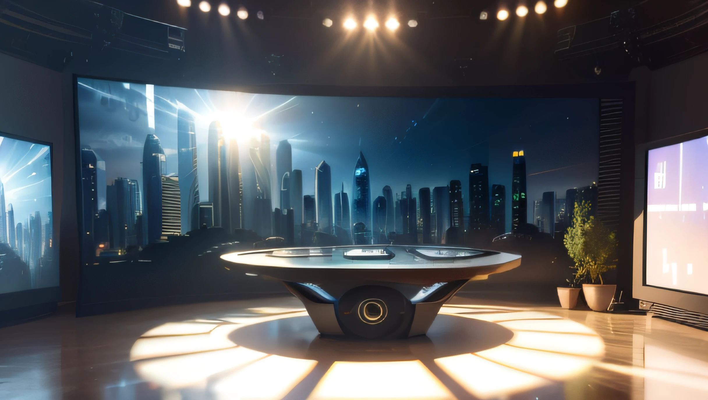 futuristic journalistic large studio with a large table in the center, light in studio, sunlight on city, (((morning city in the backdrop))), (((morning city in the television))), with sunlight at the morning, of the image that hides the waist down part of the presented modern 8k best quality realistic masterpiece