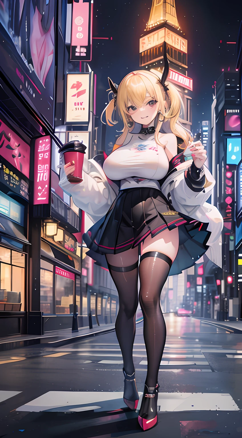1 mature female、(((A MILF)))、full body Esbian、((A smile))、hoop earings、blonde  hair、Milk tea colored hair、(Colossal tits)、Tight-fitting clothing、a short skirt、fishnet tights、night life、nightcity、cyberpunkcity、futuristic city street、Neon light、(Skyscraper:1.1)、Tokyo Tower、Palm trees、Cloth Signs、Ramen stall、nightclubs、Bright city lights、Exotic cars、alcohol、bars、alcohol BOTTLE