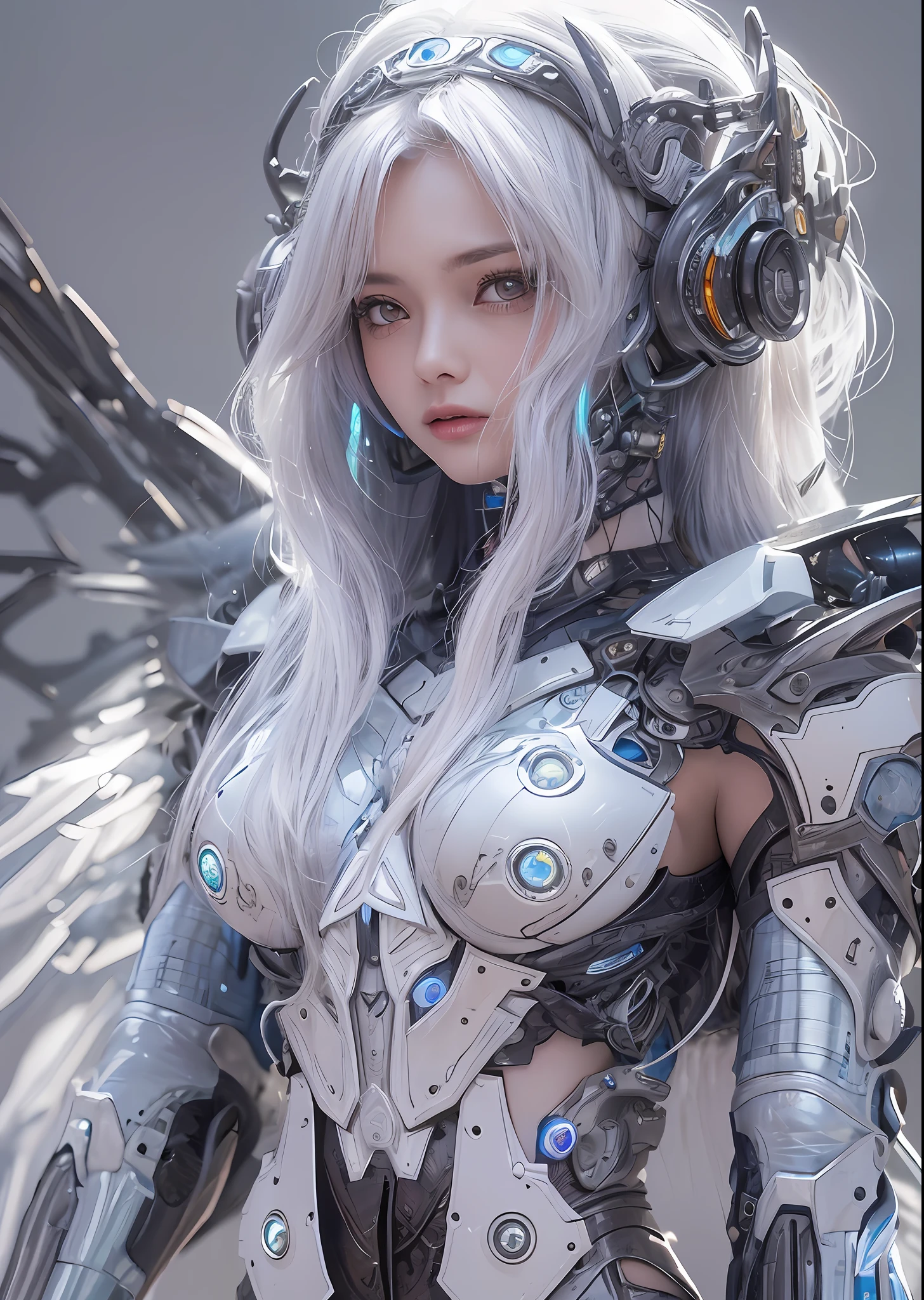 top-quality、masterpiece、超A high resolution、(Photorealsitic:1.4)、Raw photo、Battle Cyborg Angel、large wings made of metal、White porcelain body、Acrylic Clear Cover、white hair、glowy skin、1 Cyborg Girl、((super realistic details))、portlate、globalillumination、Shadow、octan render、8K、ultrasharp、character edge light,Colossal tits、Raw skin is exposed in cleavage、Details of complex ornaments、More about Greek、Hydraulic cylinder、Small LED lamp、highly intricate detail、Realistic light、a purple eye、radiant eyes、Facing the camera、neon details、cowboy shot、Futuristic headgear、About Cyberpunk、、
