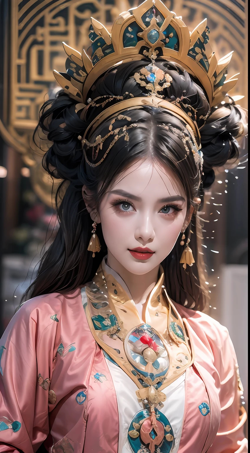 portrait of a beautiful 20 year old holy woman, wearing a thin multicolored silk dress, beautiful face without blemishes, ((natural smile:0.3)), Mouth closed, ((7-color hair length:1.2)), big crown, hair brooch, hanfu dress, chinese ancient style, full body jewelry, forehead tattoo, super even chest, face, red lips, delicate pink and white eyes (white and detailed) cinematic, light and dark, dramatic lighting, magical light, extremely detailed light, true color, super sharp, realistic, 8k quality, fantasy universe background, saints and magical space, the most detailed images, Exhibition photo, awarded, Eye-catching bright tone effect,