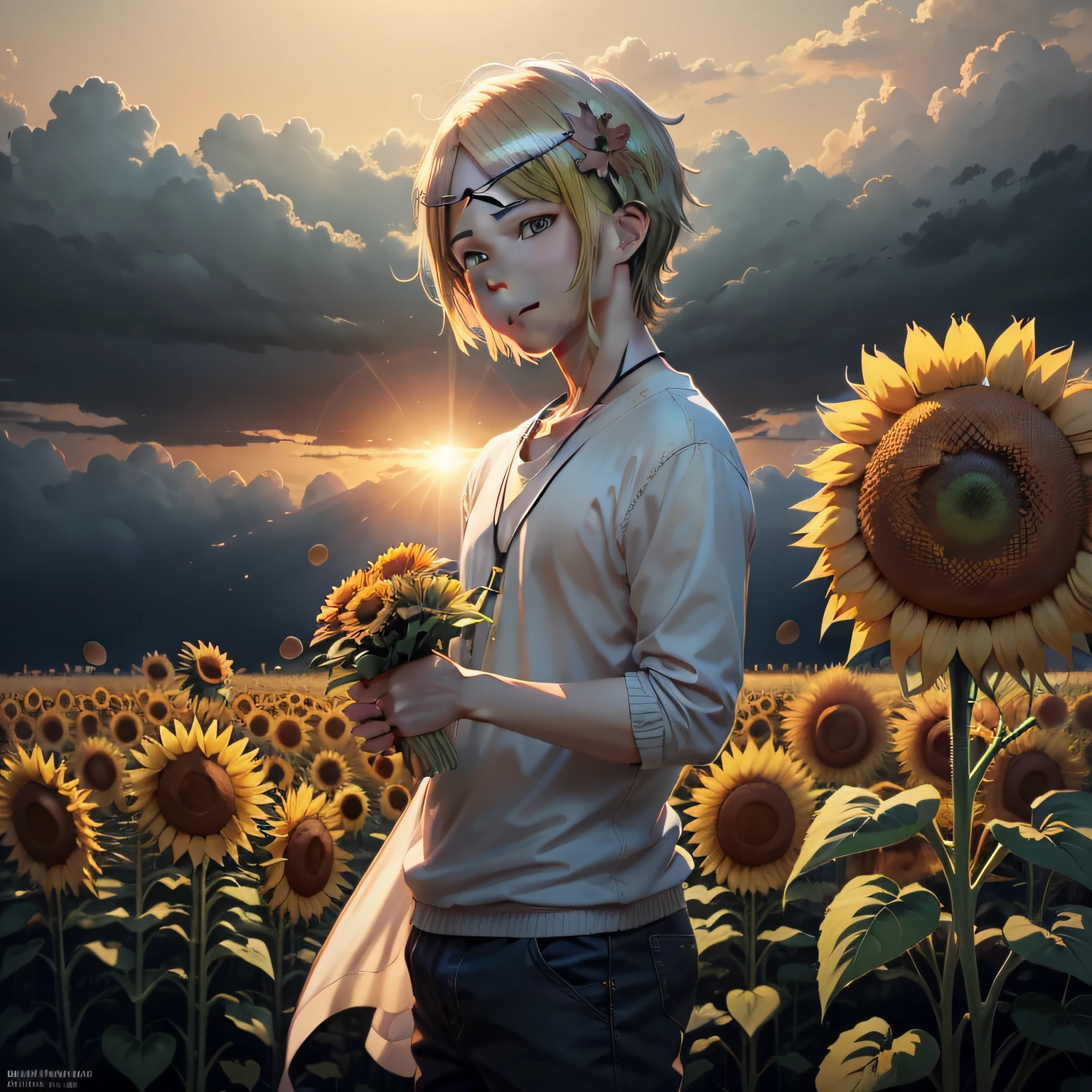 Anime boy with camera and sunflower in background, High Quality Anime Art Style, 🍁  Anime style mixed with Fujifilm, seasons!! : 🌸 ☀ 🍂 ❄, sakimichan, author：Kikukawa Sakaeyama, sunflowers in the background, author：Hiroshi Yamagata, animeaesthetic, With flowers, pixiv daily ranking