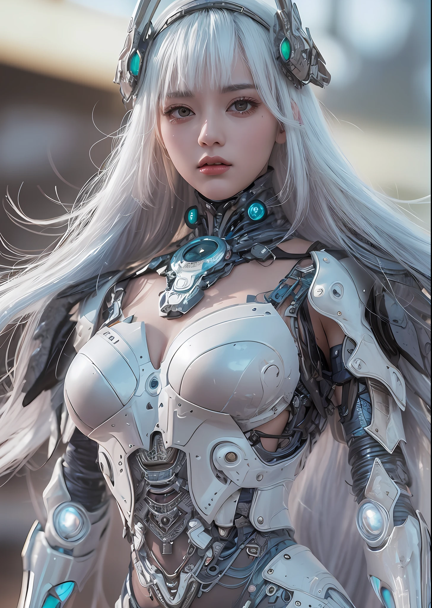 top-quality、​masterpiece、超A high resolution、(Photorealsitic:1.4)、Raw photo、Battle Cyborg Angel、large wings made of metal、White porcelain body、Acrylic Clear Cover、white  hair、glowy skin、1 Cyborg Girl、((super realistic details))、portlate、globalillumination、Shadow、octan render、8K、ultrasharp、character edge light,Colossal tits、Raw skin is exposed in cleavage、Details of complex ornaments、More about Greek、Hydraulic cylinder、Small LED lamp、highly intricate detail、Realistic light、a purple eye、radiant eyes、Facing the camera、neon details、cowboy  shot、Futuristic headgear、About Cyberpunk、、