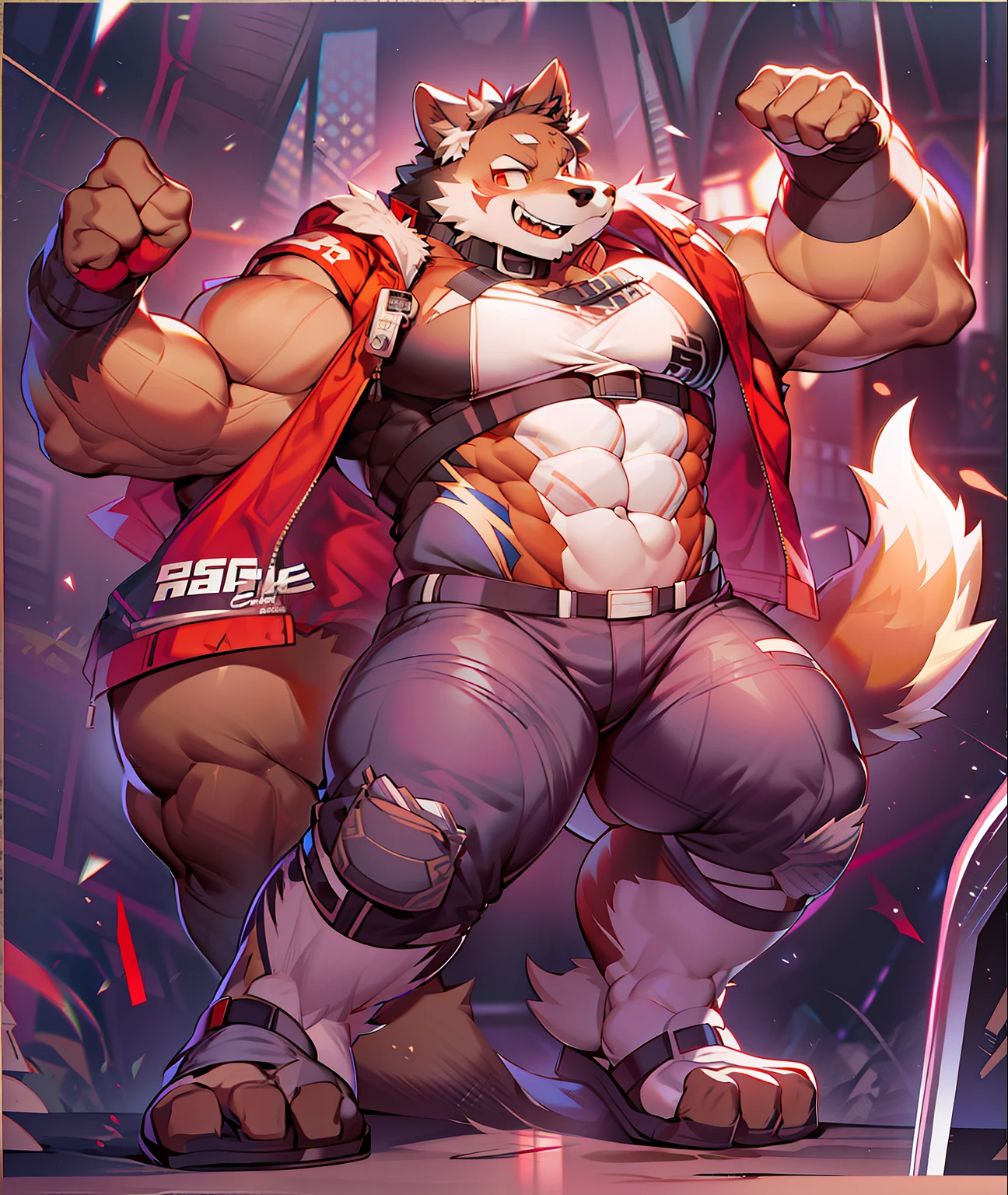coyote，Furry，Blue pattern，Black hair，musculature，Muscle men，nakeness，Strong，ultraclear，Has a large ，Collar，Black  shorts，Black sclera，red pupils，Abs，Red coat，Heterochromic pupils，The erection，Collar，Has a large ，der riese，tit，Solo，Stout arms，Storm jacket