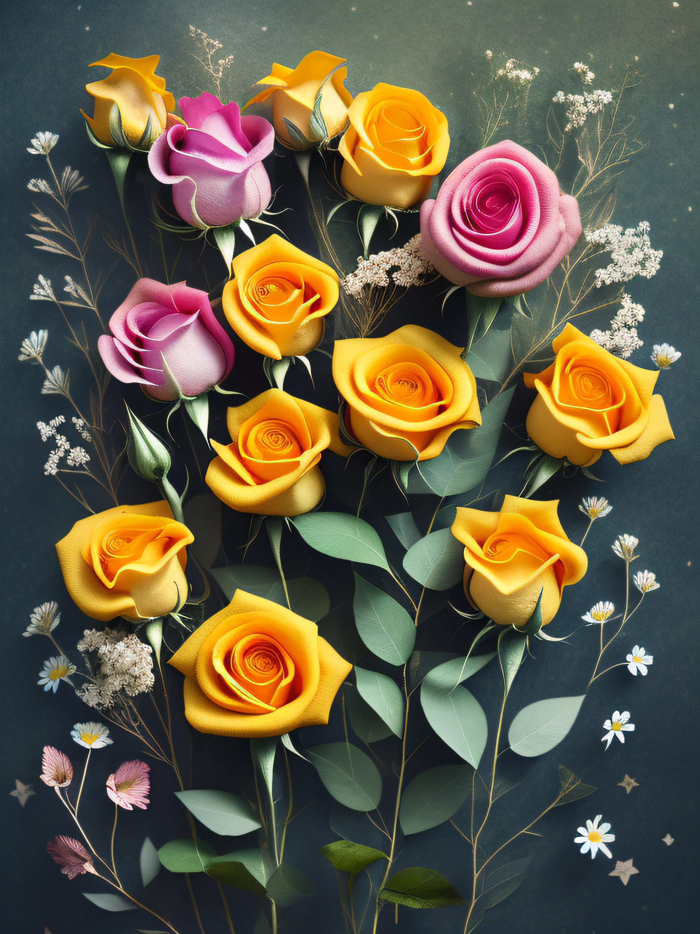 fresh flowers,Floral packaging,Lots of flowers,Rose flower,Stars,Real shooting,Dark background,Ambient light effects,High quality details,Delicate texture,8K,Cinema lenses,Real shooting