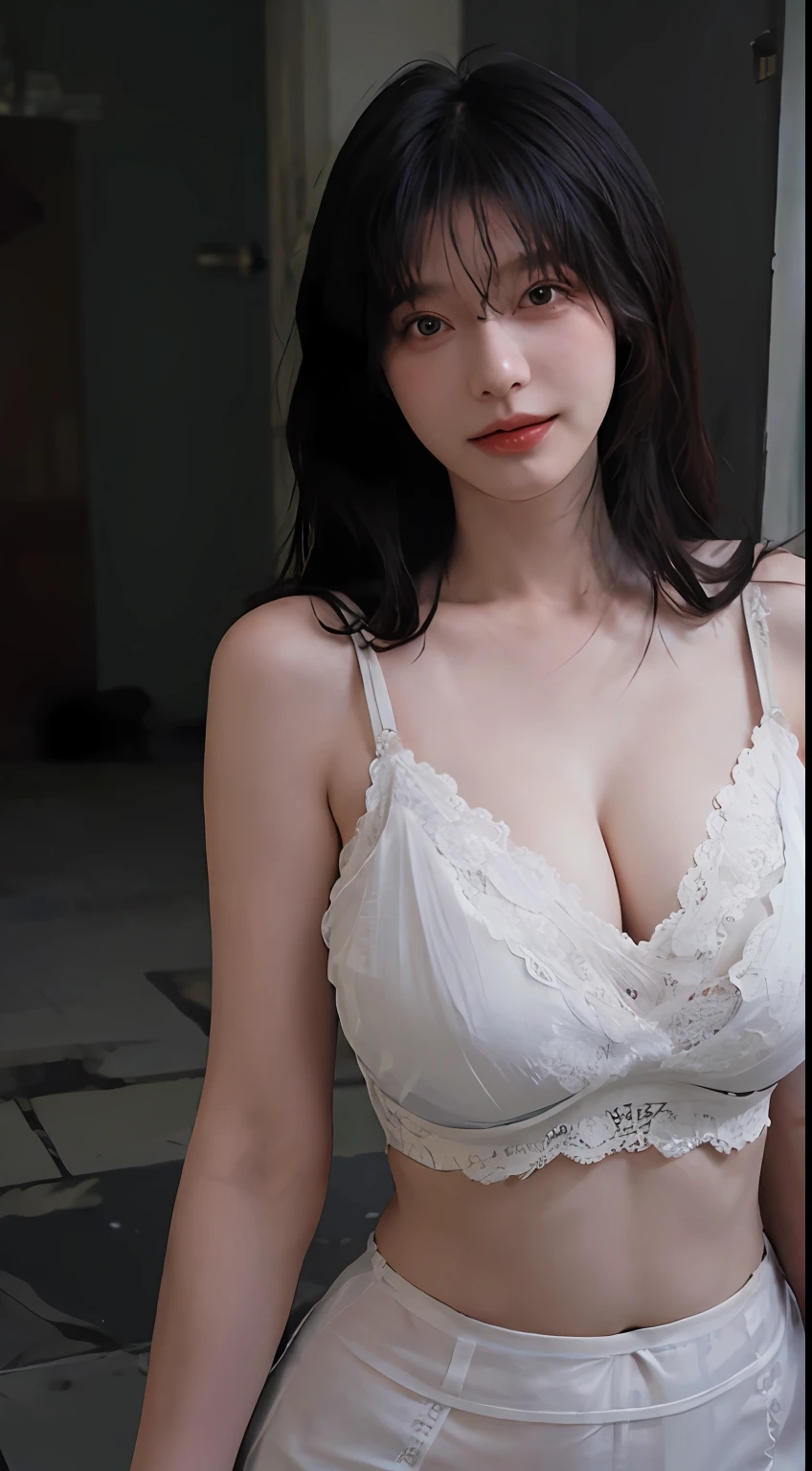 best qualtiy, 超高分辨率, (realisticlying:1.4), one-girl,Long azure hair,pantiess,Qianqian thin legs,long leges, beautifullegs, high-heels, standing on your feet, Perfect full body, A pair of clear and moving peach blossom eyes,Royal Sister,Fair skin,gem-like eyes,full bodyesbian,a sense of atmosphere,a beauty girl, ssmile, head straight-looking at viewer, closeup cleavage ,(Photorealistic:1.4),1girll,Sexy,(Clear lace bra:1.6),(Big breasts:2.1),(Upper body:1.4),(Wet body),(:1.4)