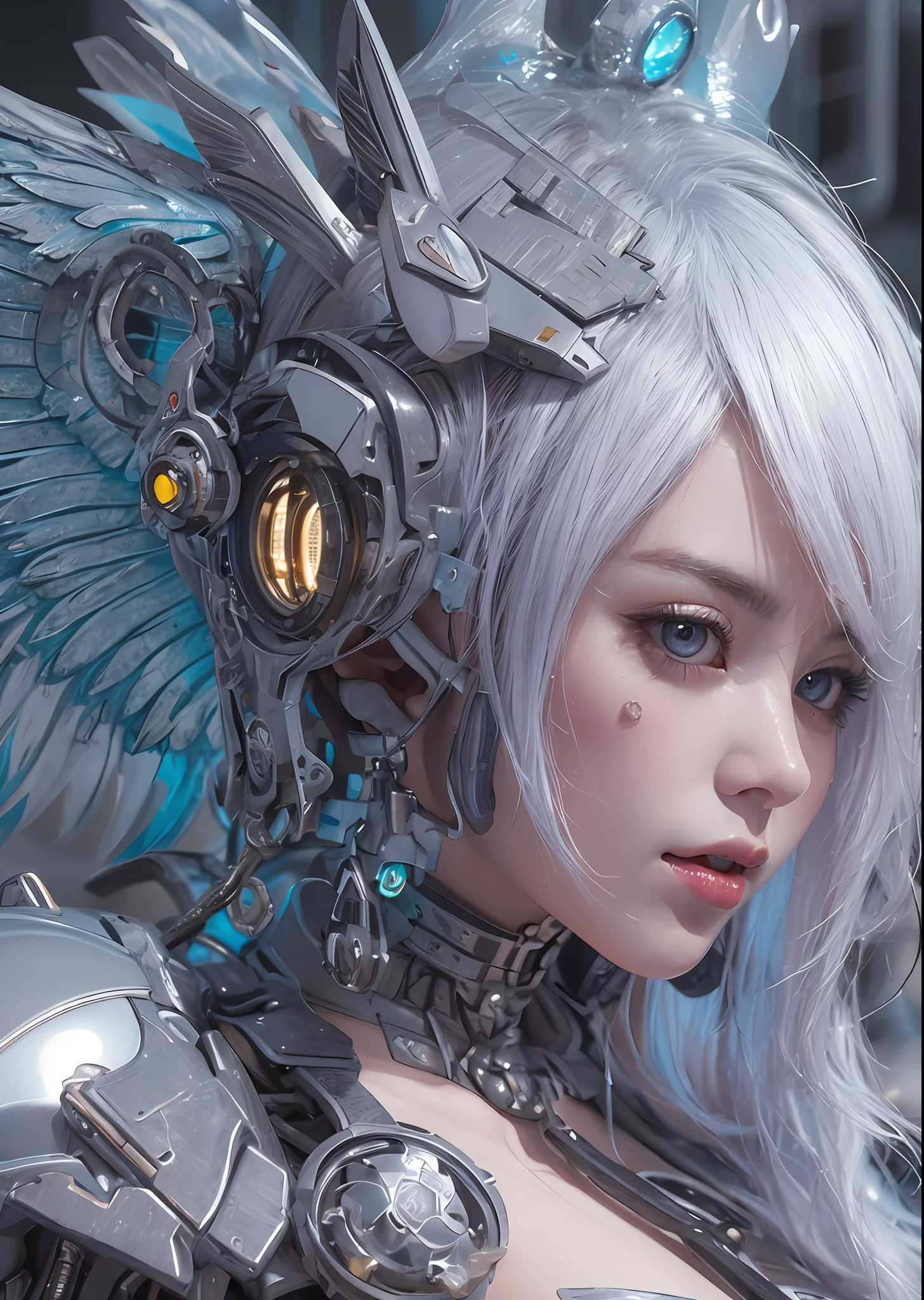 top-quality、​masterpiece、超A high resolution、(Photorealsitic:1.4)、Raw photo、Battle Cyborg Angel、large wings made of metal、White porcelain body、Acrylic Clear Cover、white  hair、glowy skin、1 Cyborg Girl、((super realistic details))、portlate、globalillumination、Shadow、octan render、8K、ultrasharp、character edge light,Colossal tits、Raw skin is exposed in cleavage、Details of complex ornaments、More about Greek、Hydraulic cylinder、Small LED lamp、highly intricate detail、Realistic light、a purple eye、radiant eyes、Facing the camera、neon details、cowboy  shot、Futuristic headgear、About Cyberpunk、、