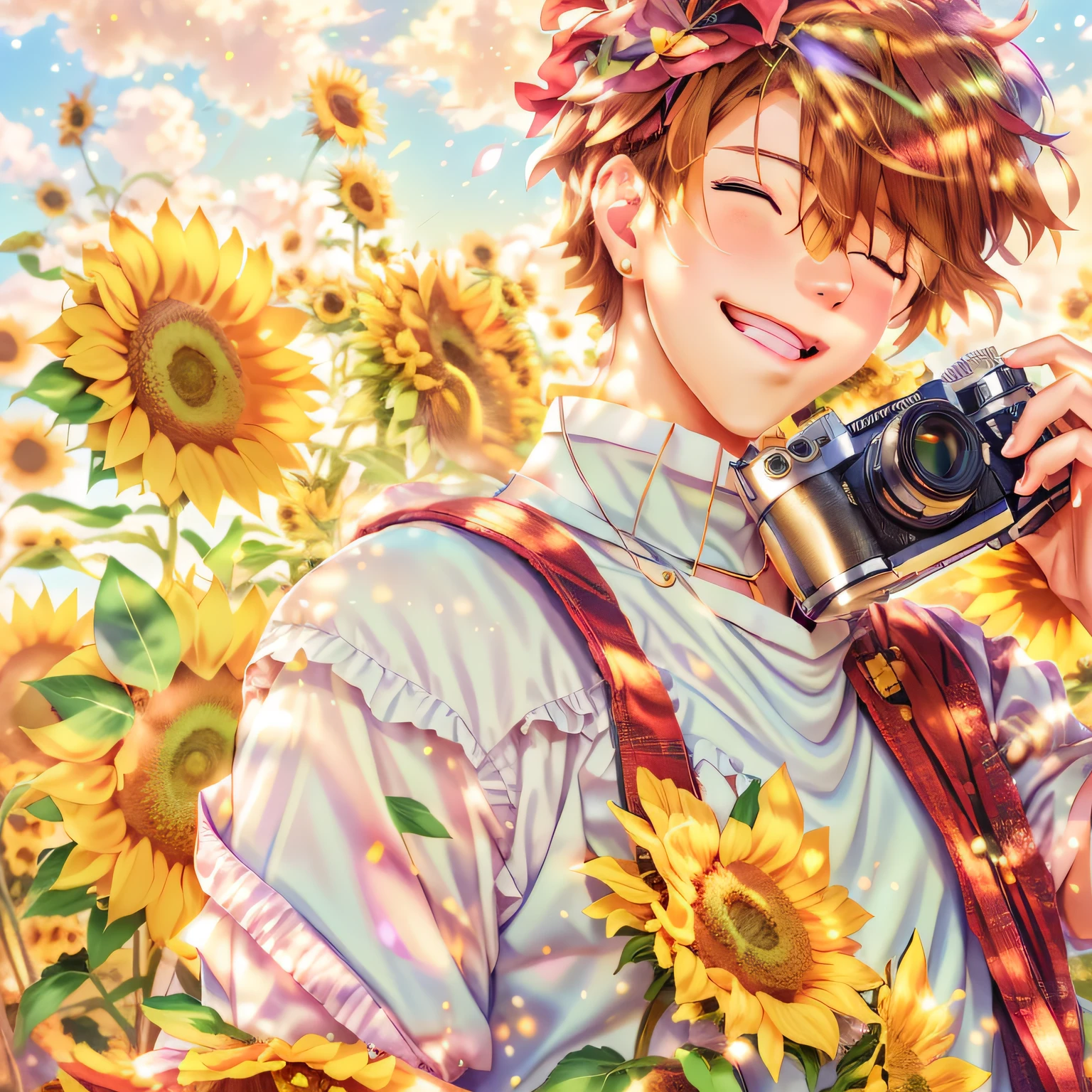 Anime boy with camera and sunflower in background, High Quality Anime Art Style, 🍁 Cute, beautiful sunflower anime girl, Anime style mixed with Fujifilm, seasons!! : 🌸 ☀ 🍂 ❄, sakimichan, author：Kikukawa Sakaeyama, sunflowers in the background, author：Hiroshi Yamagata, animeaesthetic, With flowers, pixiv daily ranking