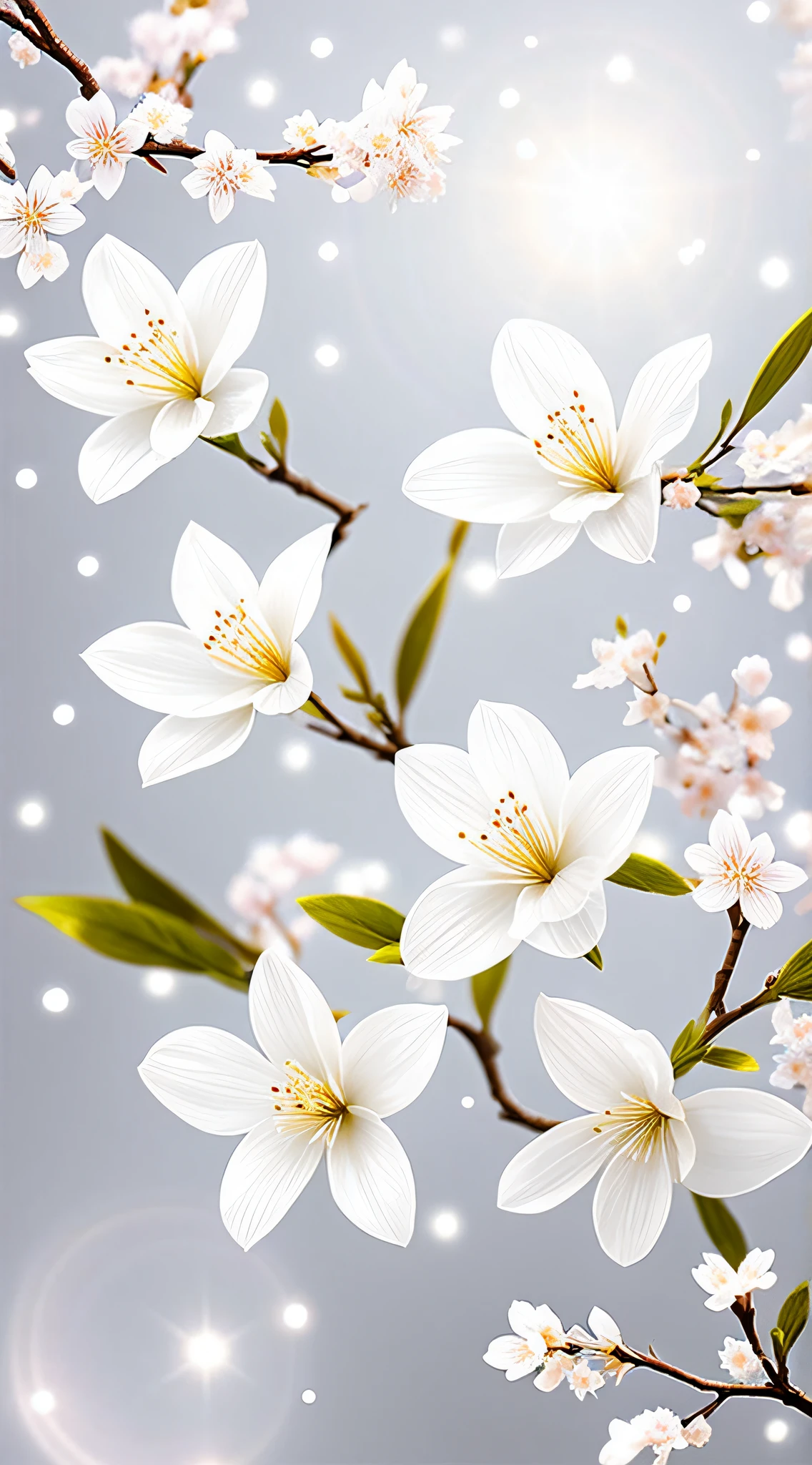 A bouquet of white plum blossoms, ultra-transparent, holy light, beautiful spectral light, dew on petals, twinkle, morning background, transparent droplets, reflected light, bright, light flowing inward, optical, portrait silhouette, sharp focus, magical, intricate, surrealism, fantasy, composition, light, art station trend, pearl, silver patronus cloud pair, caustic surround ray family 16k, ureal ar 23v4 uplight