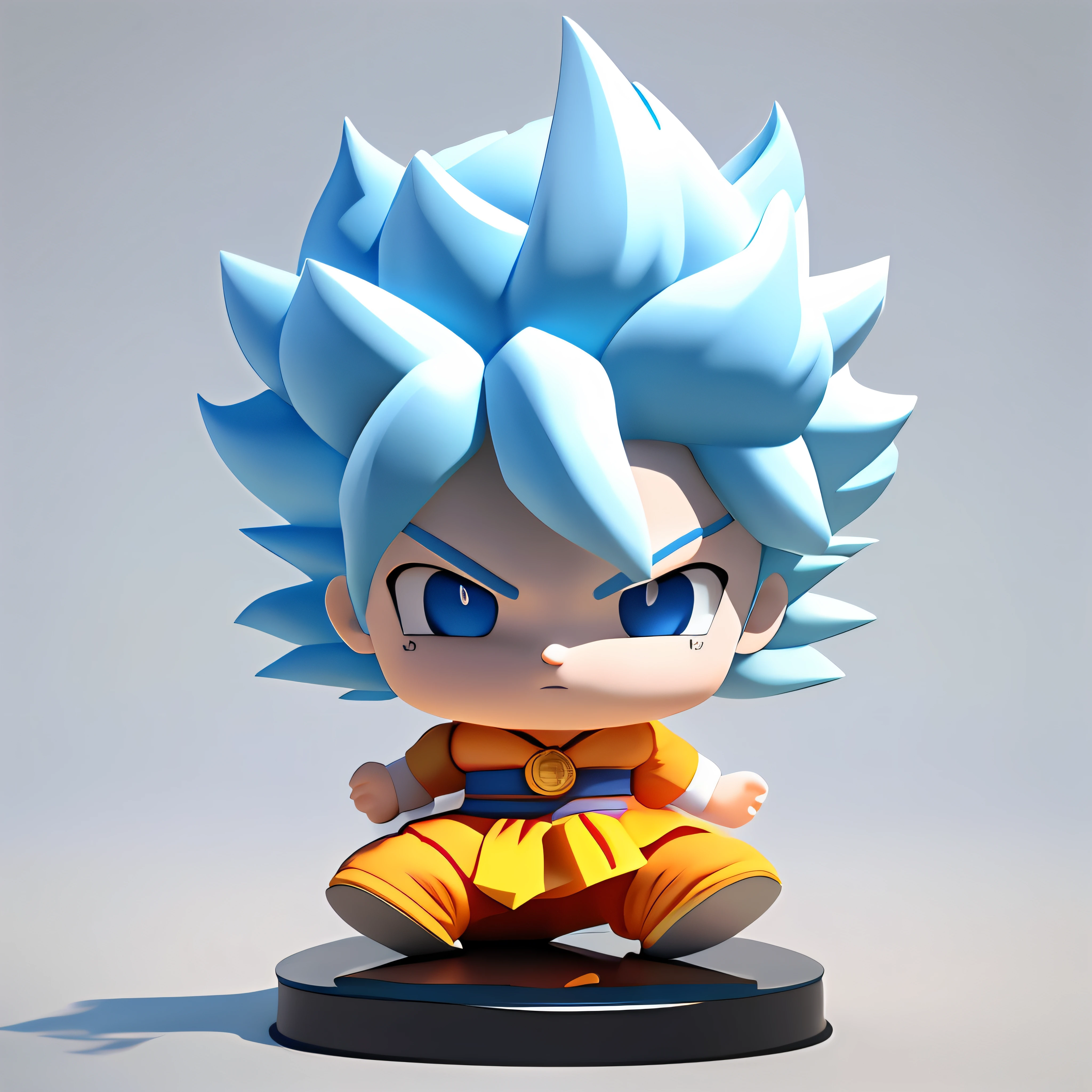 Goku, super saiyan, exquisite hair, arm depiction, white and blue hair body, exquisite shoes, facial features depiction, exquisite facial features, eye depiction, exquisite hair, popmart blind box, clay texture, stepping on the ground, black and white background, natural light, best quality, ultra detail, 3d art, c4d, oc renderer, 3d render, 8k