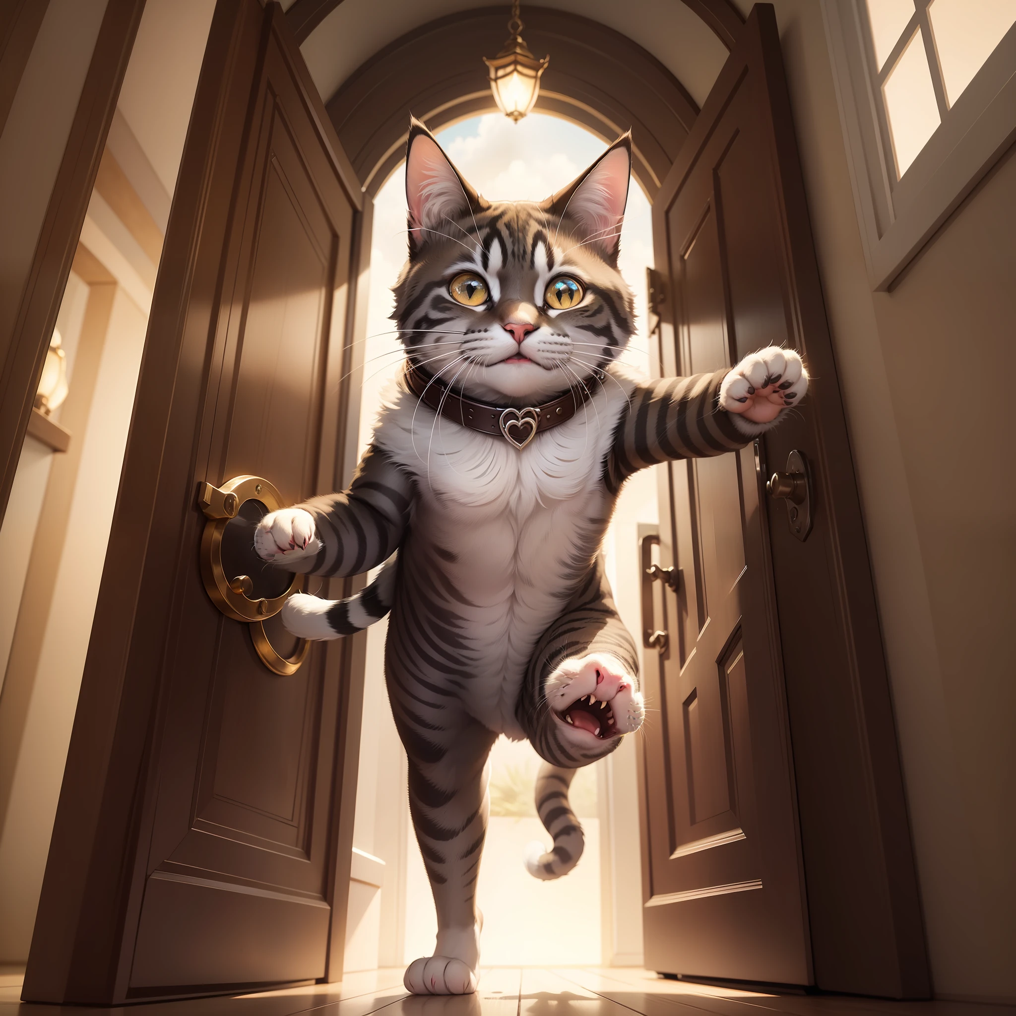 Cat Whiskers heart raced with excitement as whiskers took a deep breath and bravely stepped through the shimmering gateway, ready for the extraordinary adventure that awaited him,(shimmering portal),(cat whiskers),(excited cat Whiskers),(adventure).