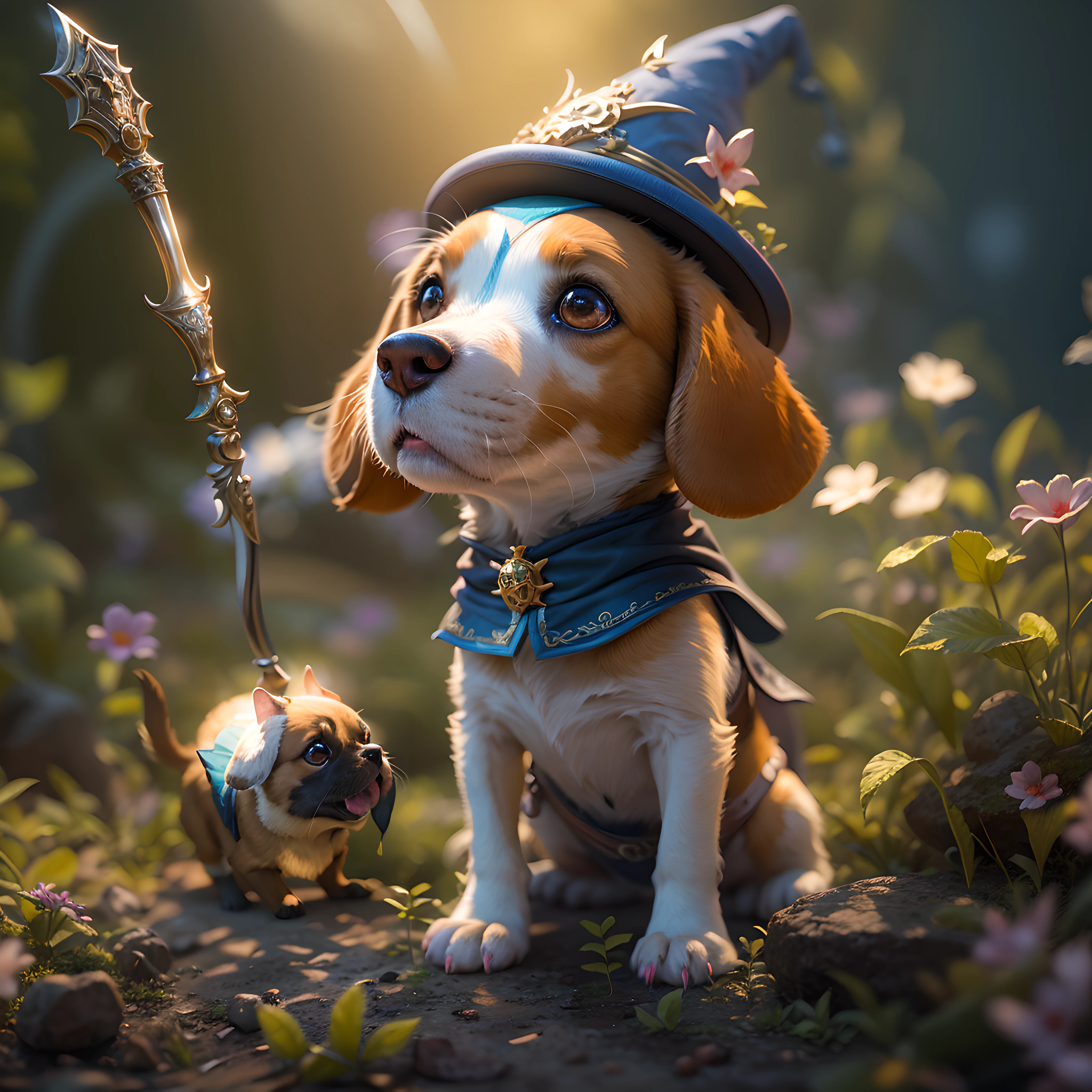 Wizard Beagle, Little fairies around, Beagle personification, Wizardry World Background, Poisonous wand, Brilliant expression, 3d rendered, hoog detail, Crisp background, (ultra-definition), HDR, unreal-engine, Octane rendering, Sharpen every detail, The ultra-Highres
