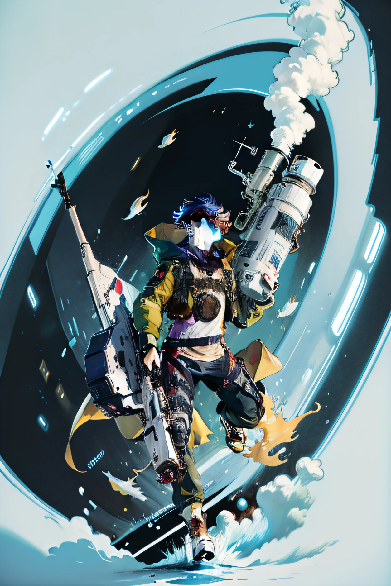 Sci-fi floating cannon,Dashing boy,Blue and white clothes,scifi style,black color hair
