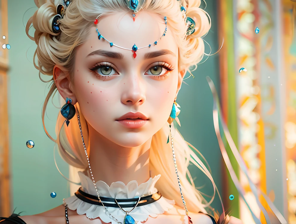 Black colored eyes,Light blue earrings,Red in the middle of the headdress