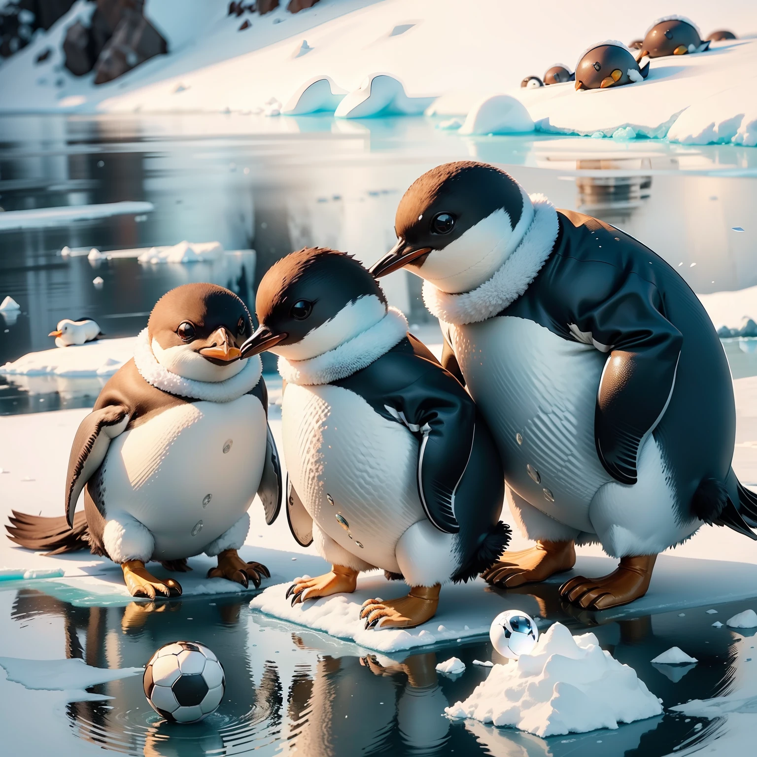 ((football ball)), Playful and lively little penguins on an icy floe, gleefully playing with a ball, hq, higly detailed, cute, masterpiece