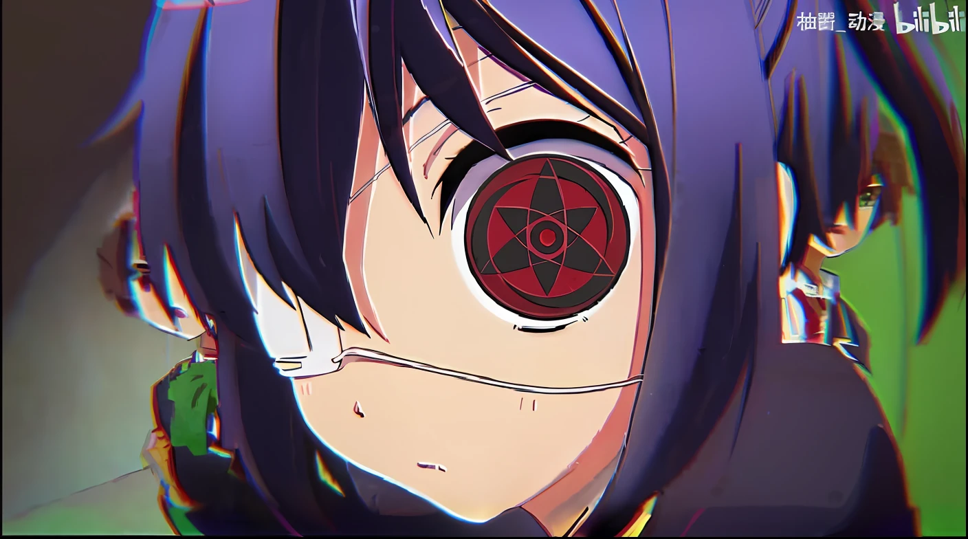 Anime girl with red eyes and black hair with green background, dreamy psychedelic anime, ufotable art style, Yandere, ryuko matoi, black anime pupils in her eyes, Ultra-detailed. Anime, yandere intricate, it has a piercing gaze, screenshot from guro anime, gapmoe Yandere, anime opening, shalltear bloodfallen