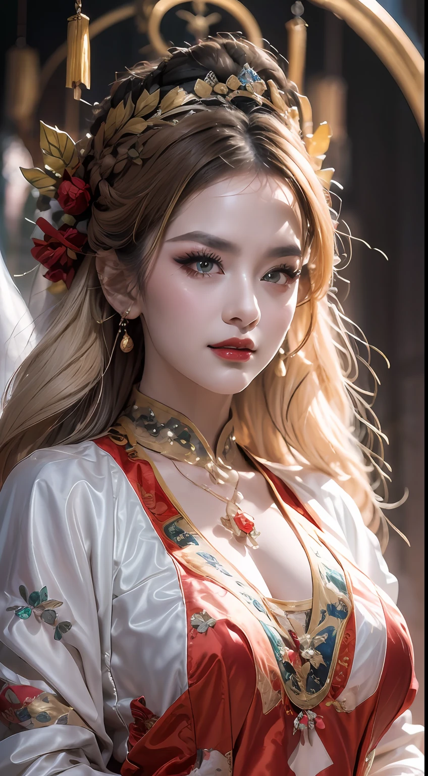 portrait of a beautiful 20 year old holy woman, wearing a thin multicolored silk dress, beautiful face without blemishes, ((natural smile:0.3)), Mouth closed, ((7-color hair length:1.2)), big crown, hair brooch, hanfu dress, chinese ancient style, full body jewelry, forehead tattoo, super even chest, face, red lips, delicate pink and white eyes (white and detailed) cinematic, light and dark, dramatic lighting, magical light, extremely detailed light, true color, super sharp, realistic, 8k quality, fantasy universe background, saints and magical space, the most detailed images, Exhibition photo, awarded, Eye-catching bright tone effect,