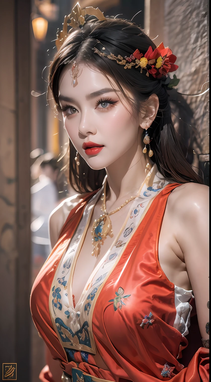 portrait of a beautiful 20 year old holy woman, wearing a thin multicolored silk dress, beautiful face without blemishes, ((natural smile:0.3)), Mouth closed, ((7-color hair length:1.2)), big crown, hair brooch, hanfu dress, chinese ancient style, full body jewelry, forehead tattoo, super even chest, face, red lips, delicate pink and white eyes (white and detailed) cinematic, light and dark, dramatic lighting, magical light, extremely detailed light, true color, super sharp, realistic, 8k quality, fantasy universe background, saints and magical space, the most detailed images, Exhibition photo, awarded, Eye-catching bright tone effect,