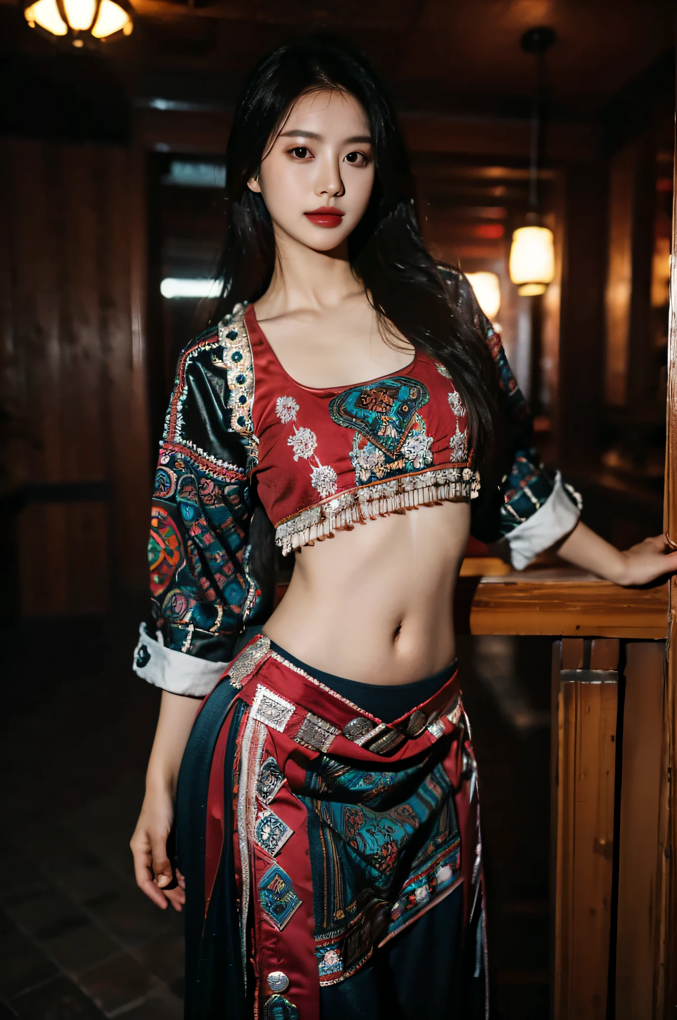 （Hyperrealistic,）4K,35mm，hyper-high detail, Professional lighting, Best quality, 超高分辨率, Visually stunning, (1girll:1.1), （Hmong clothing ）,realskin,（Perfect body 1.3）（Ultra-delicate face），Open navel