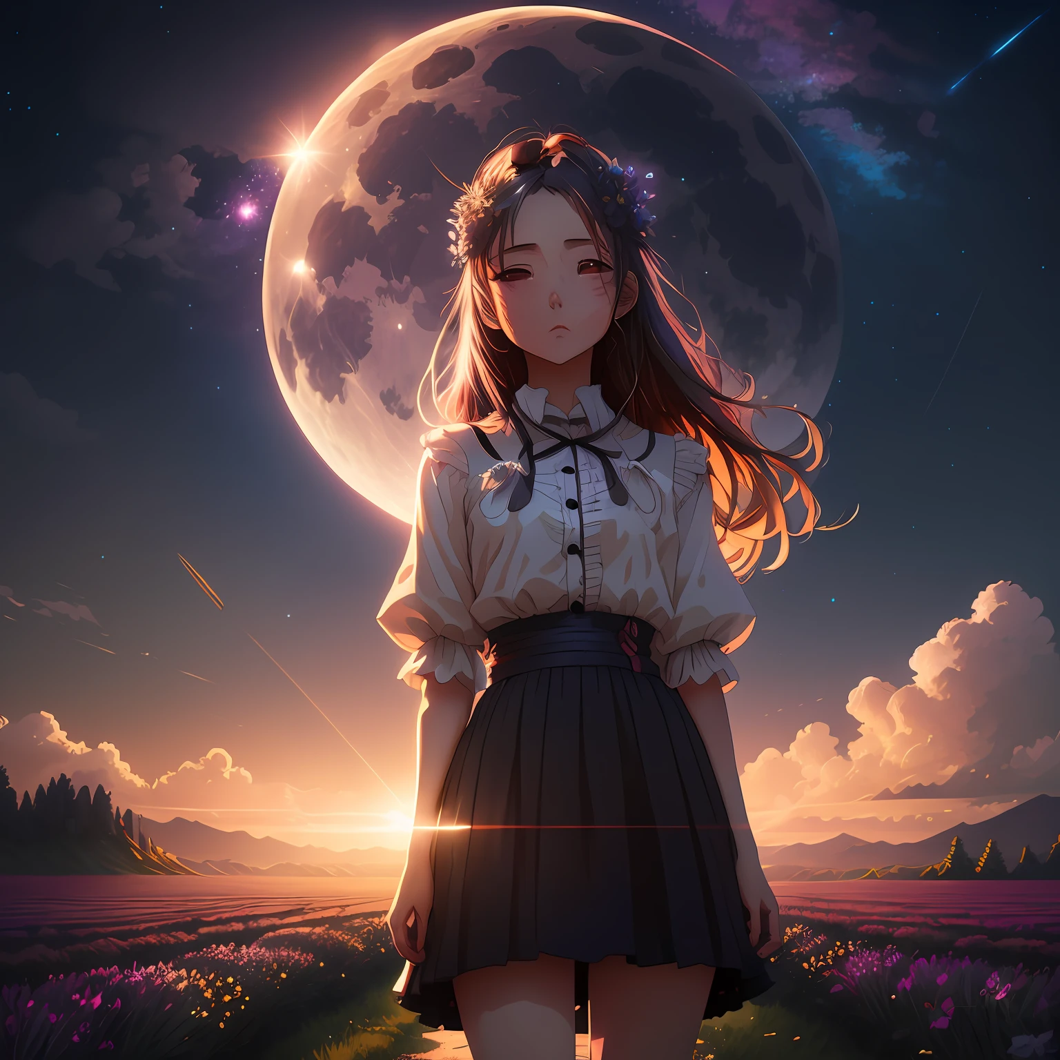 Anime girl in field with full moon as background, Anime style. 8K, Guviz-style artwork, Fantasy art style, Beautiful digital artwork, anime styled digital art, Beautiful digital illustration, 4k highly detailed digital art, style of anime4 K, A beautiful artwork illustration, Anime fantasy illustration, stunning digital illustration